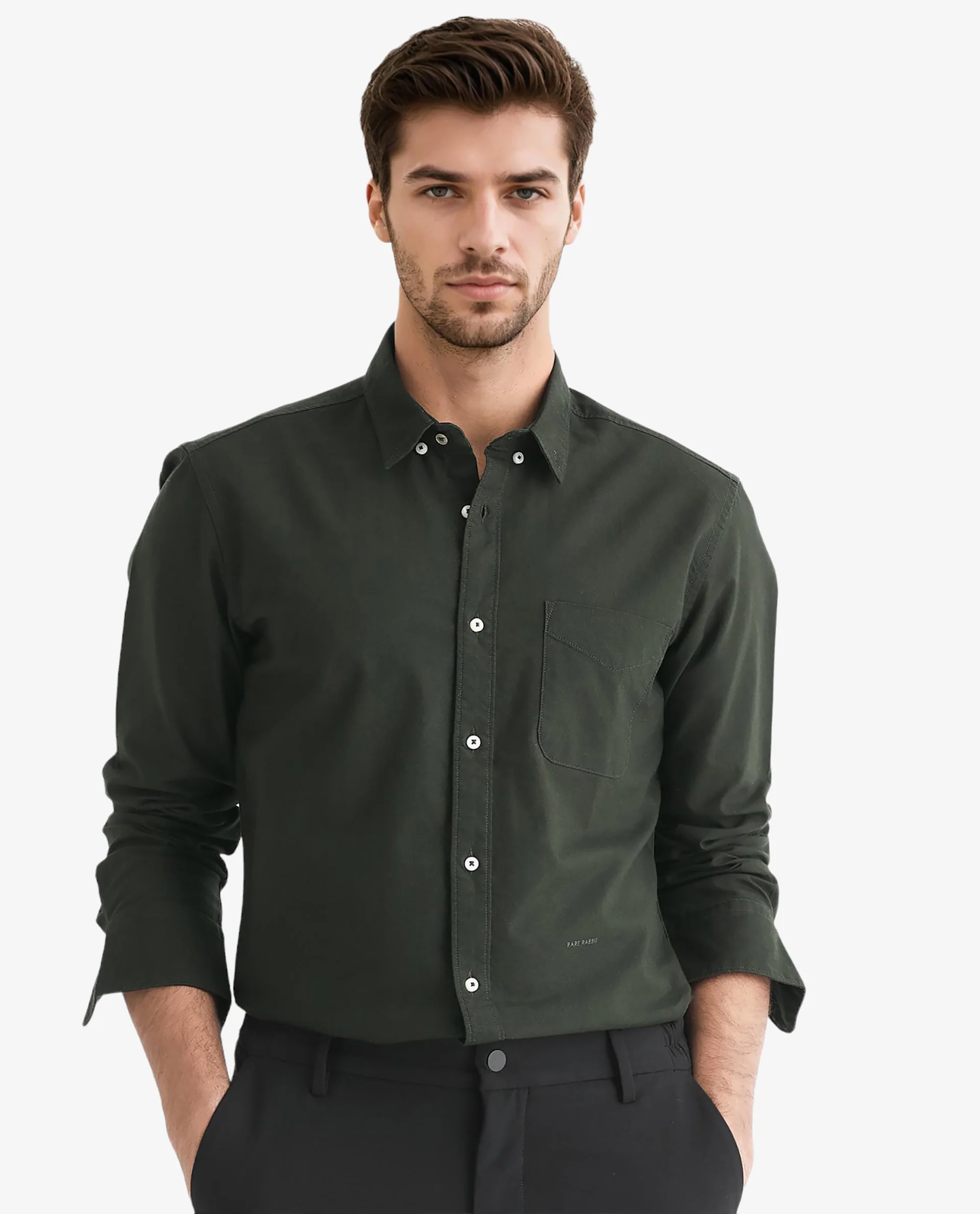 Rare Rabbit Men's Auxfo Dark Green Cotton Plain Regular Fit Full Sleeve Button-Down Collar Shirt