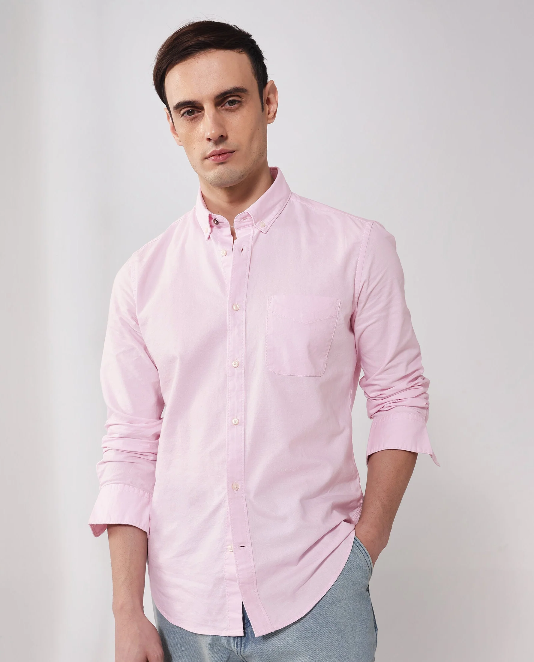 Rare Rabbit Men's Auxfo Light Pink Cotton Plain Regular Fit Full Sleeve Button-Down Collar Shirt