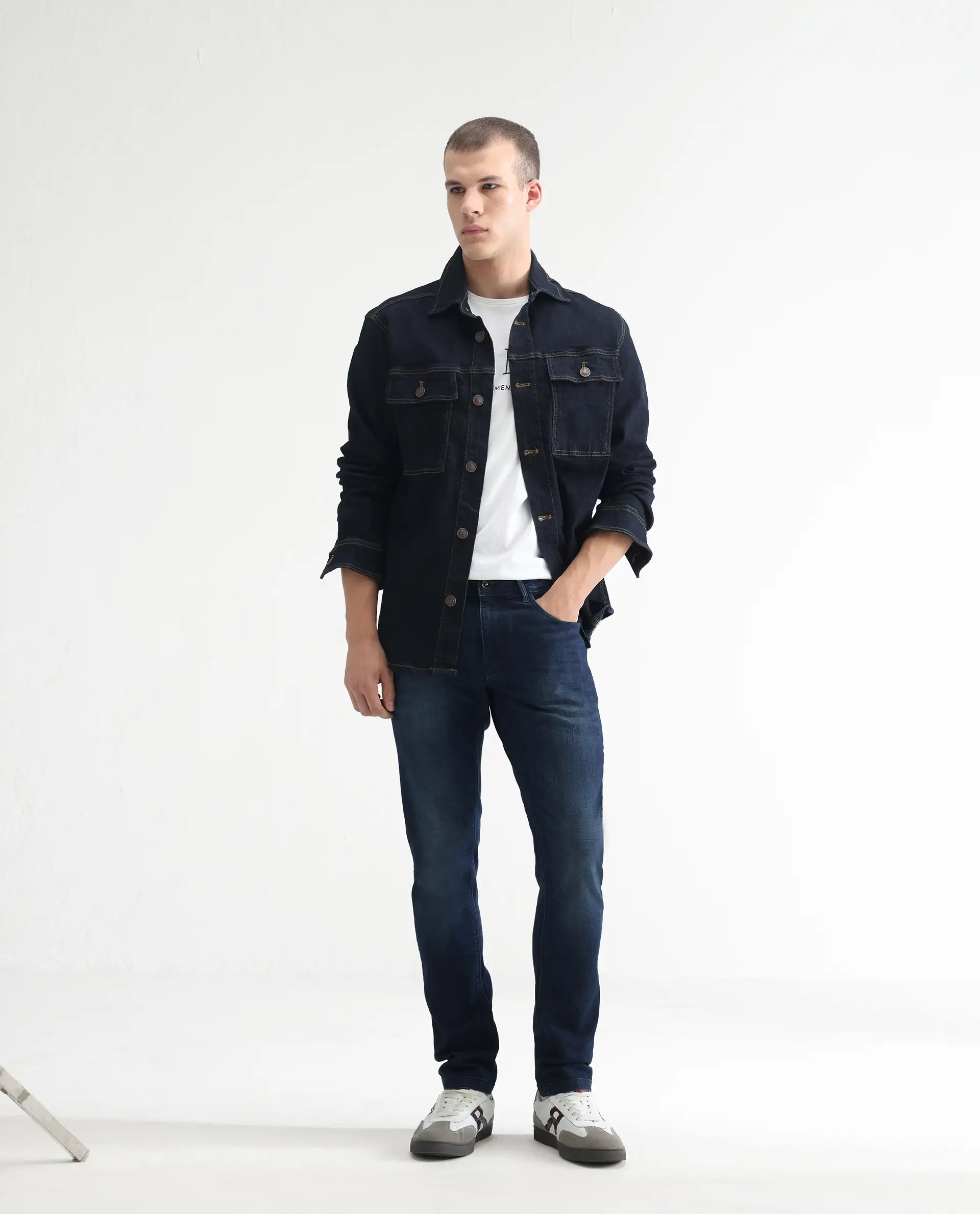 Rare Rabbit Men's Avalon Dark Blue Cotton Plain Hawk Slim Fit Jeans