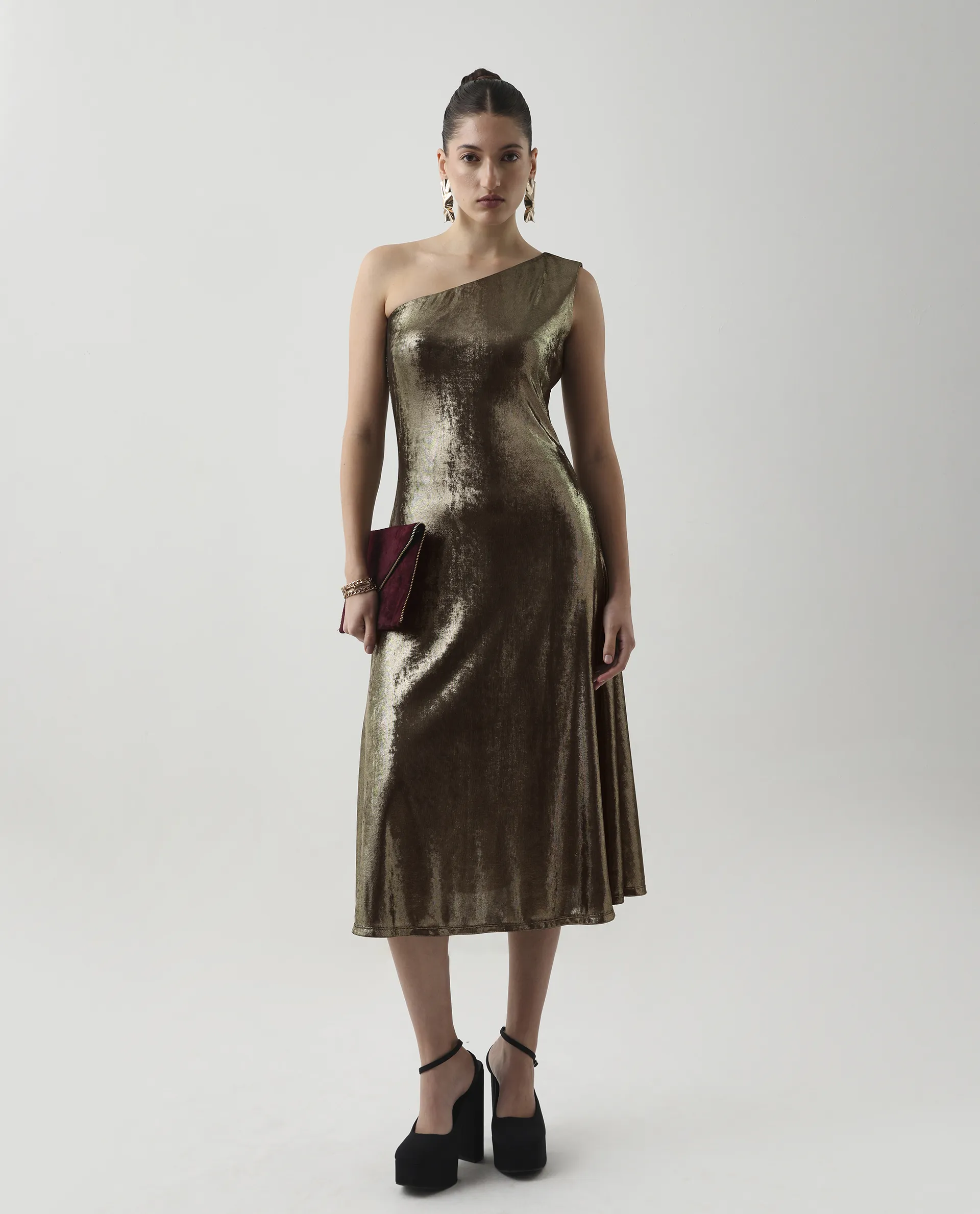 Rareism Women's Avip Gold Polyester One Shoulder Fit And Flare Plain Midi Dress