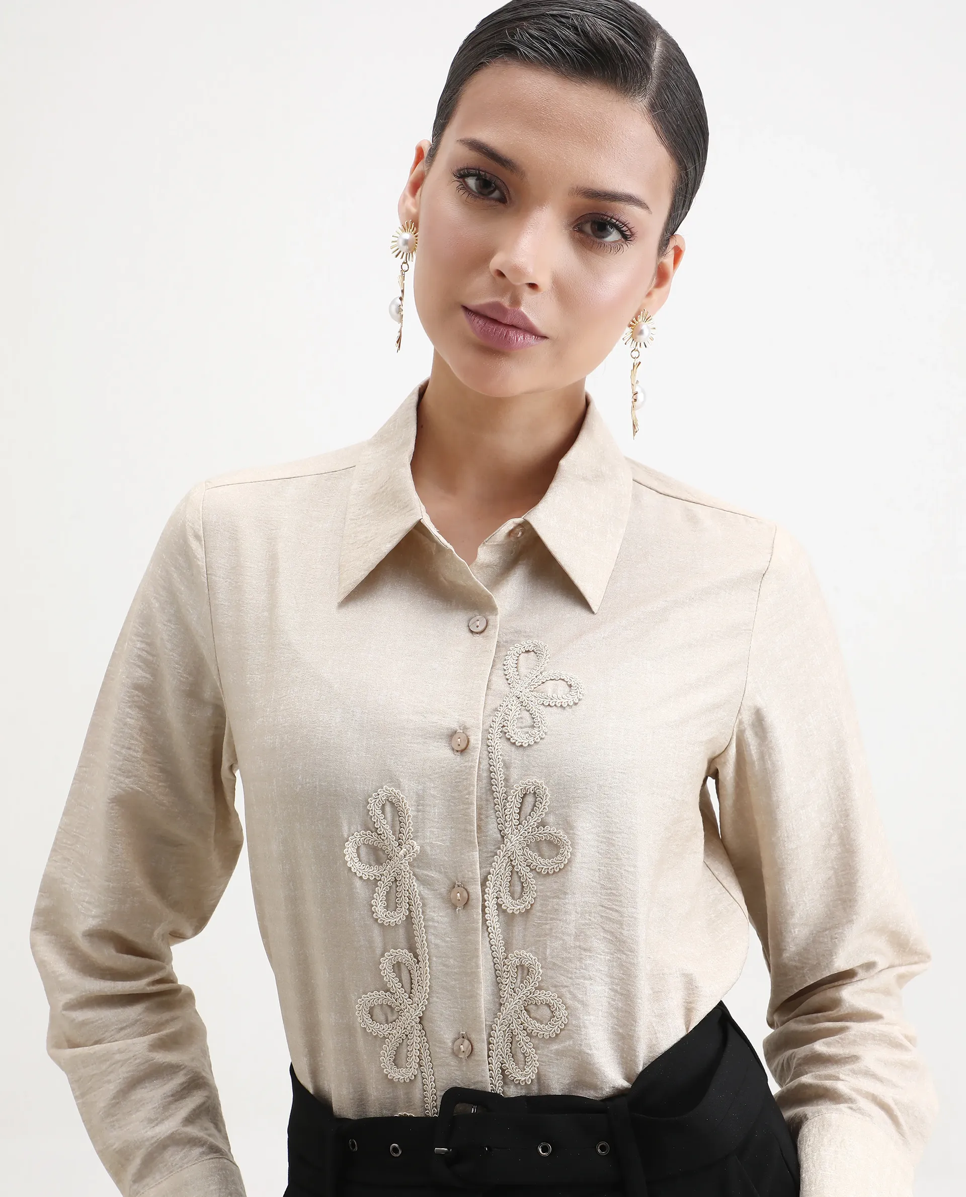 Rareism Women's Avira Beige Nylon Blend Spread Collar Regular Fit Shirt