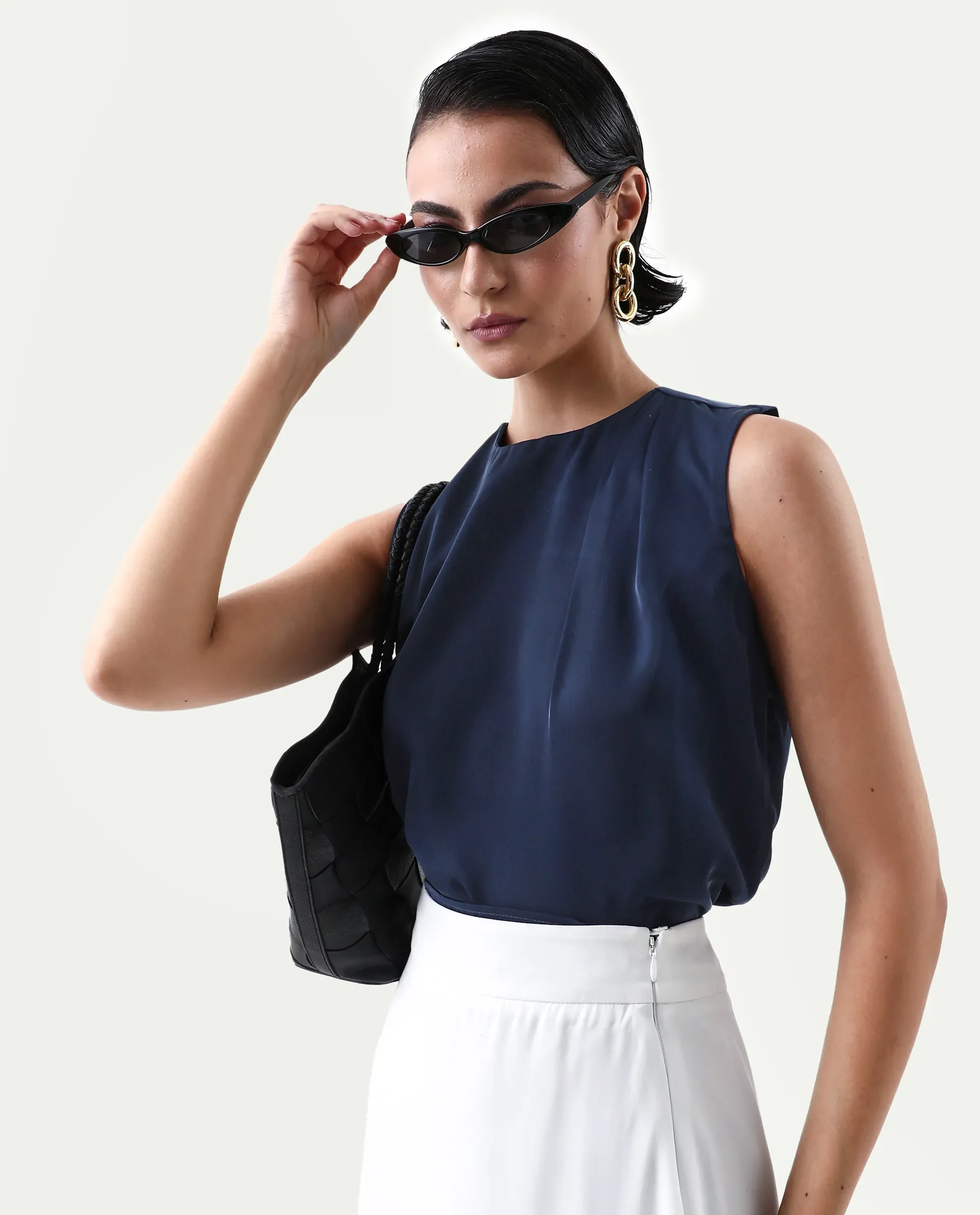 Rareism Women's Aviso Navy Polyester Round Neck Regular Fit Plain Top