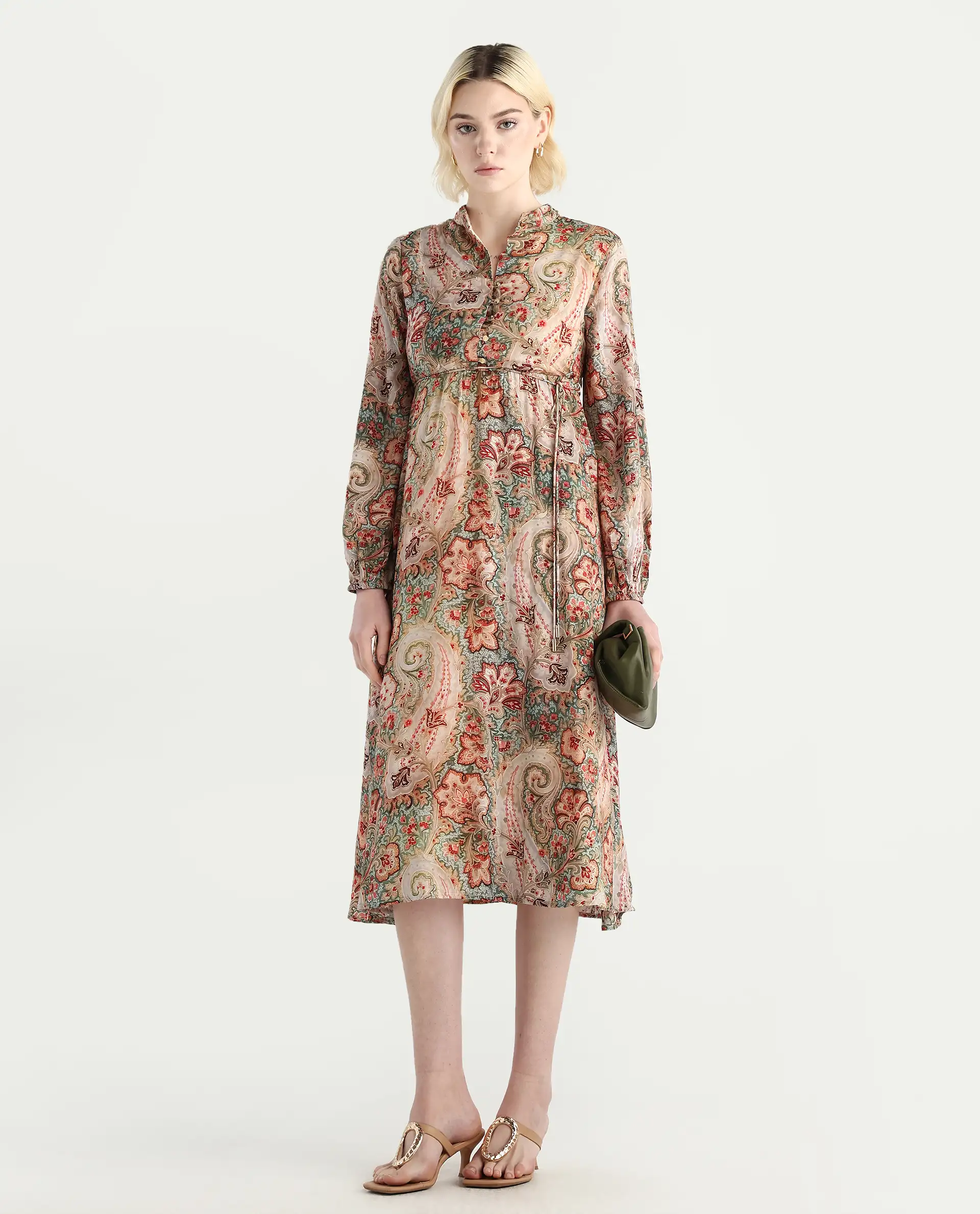 Rareism Women's Aviura Olive 100% Modal Band Collar Fit And Flare Printed Midi Dress
