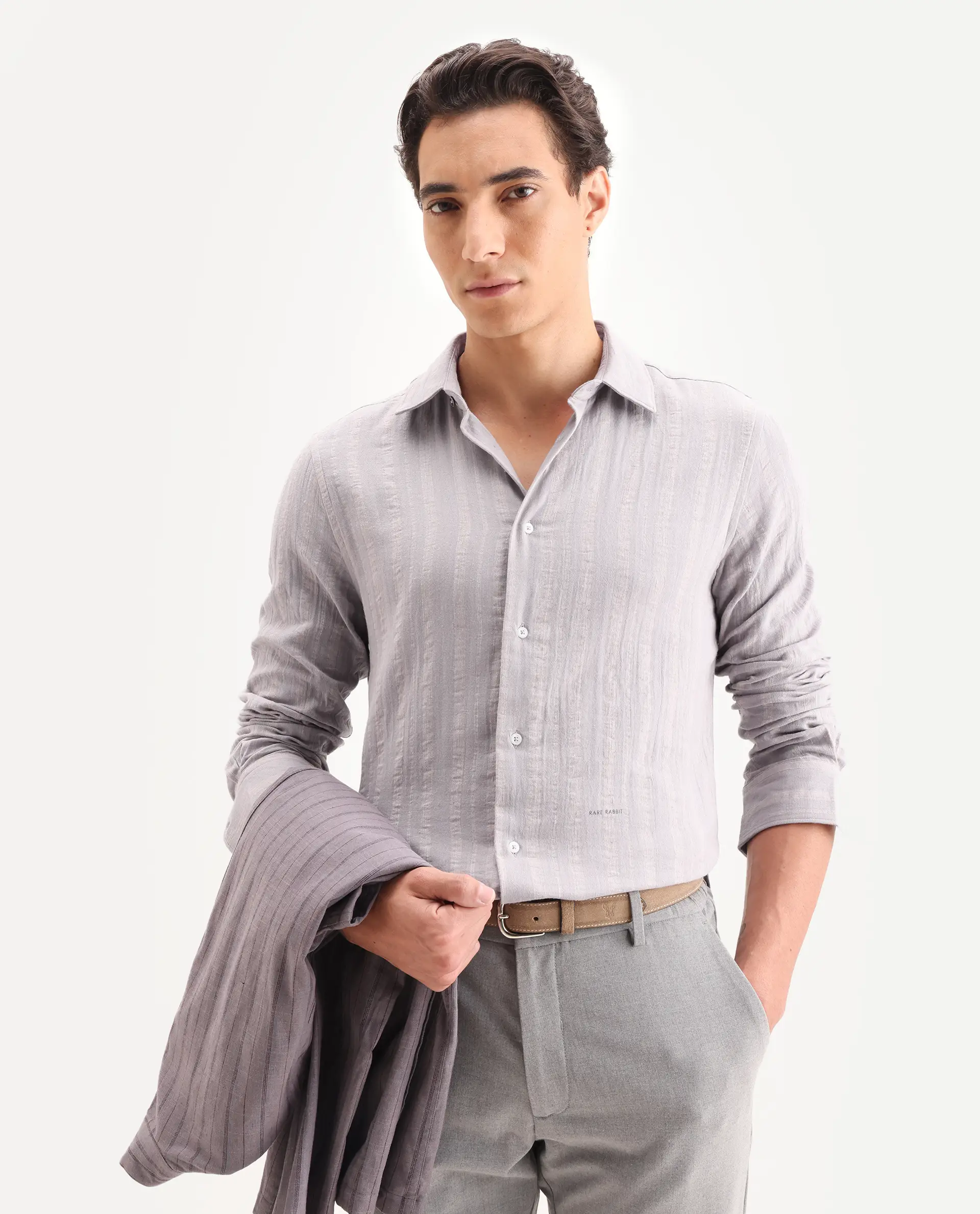 Rare Rabbit Men's Avno Dusky Purple Cotton Fabric Full Sleeve Spread Collar Regular Fit Striped Shirt