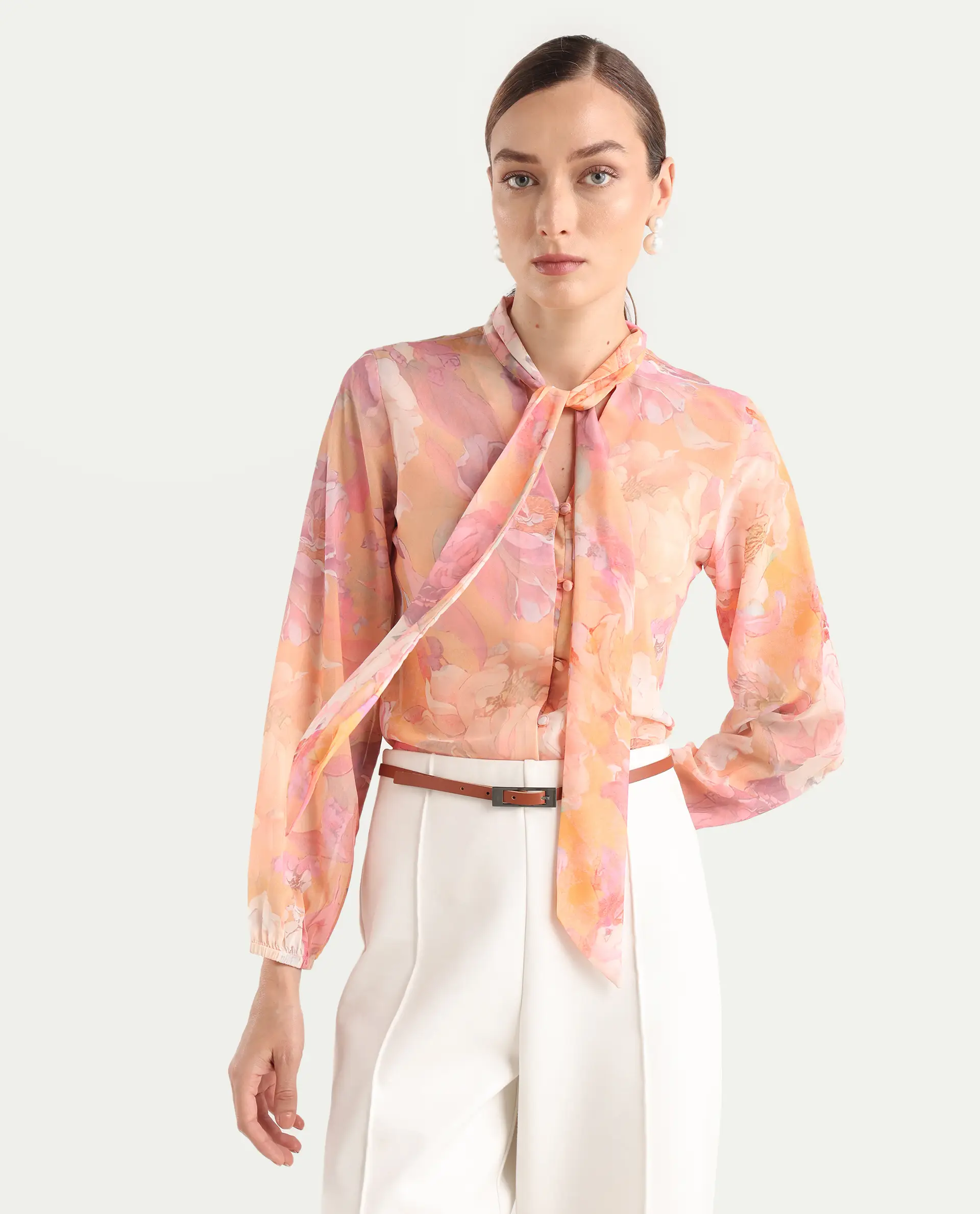 Rareism Women's Avoin Light Multi Polyester Tie-Up Regular Floral Print Top