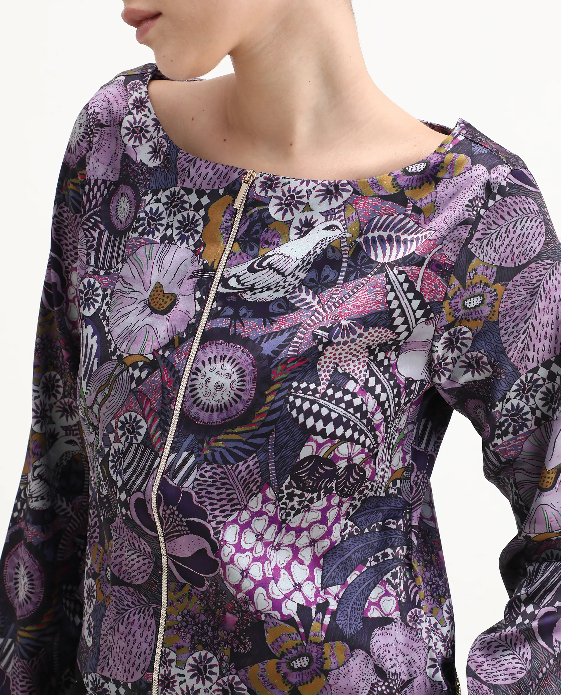 Rareism Women's Aydin Multi Satin Crew Neck Abstract Print Crop Regular Fit Top
