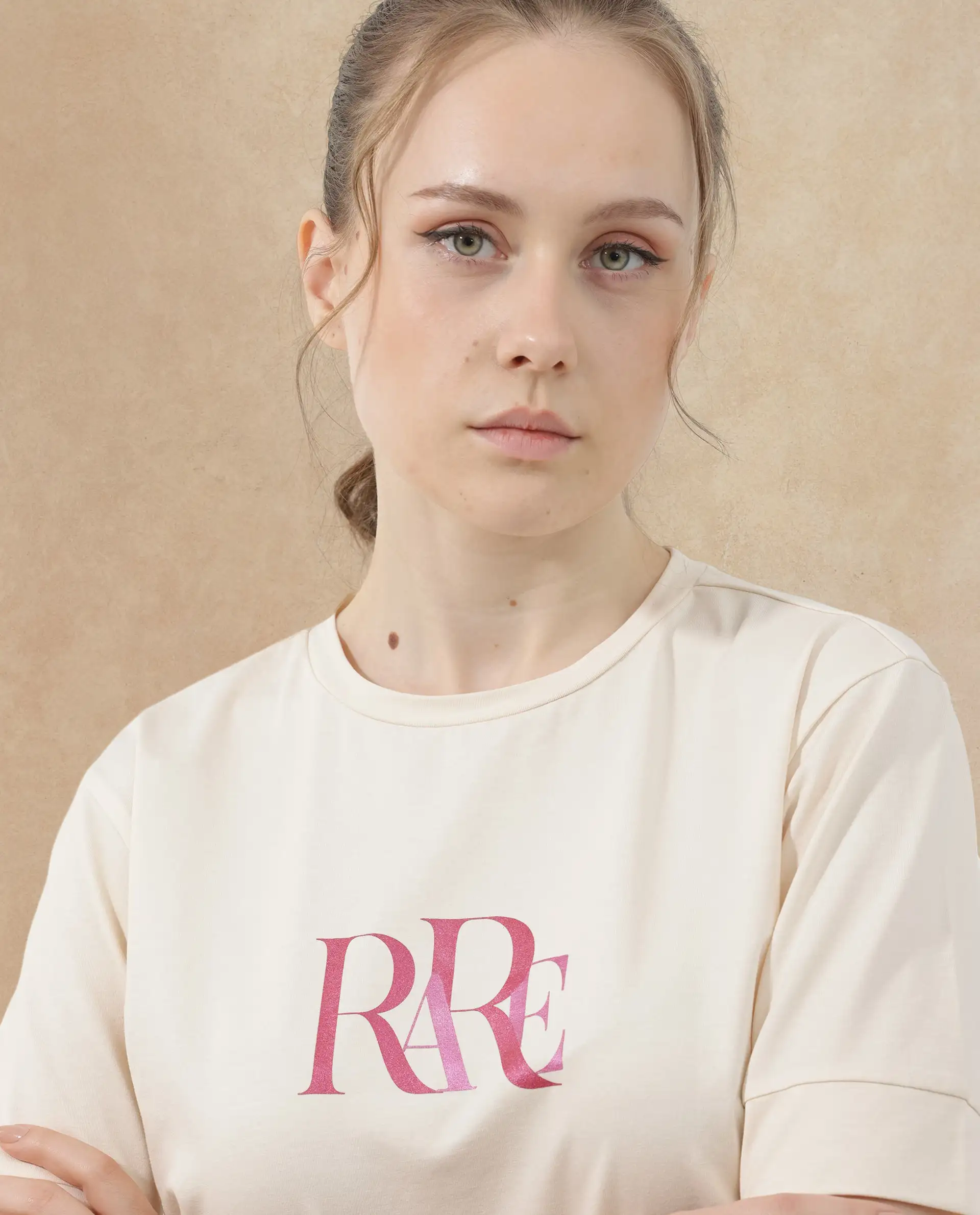 Rareism Women's Azel Light Beige Cotton Blend Crew Neck Graphic Print Regular Fit T-Shirt