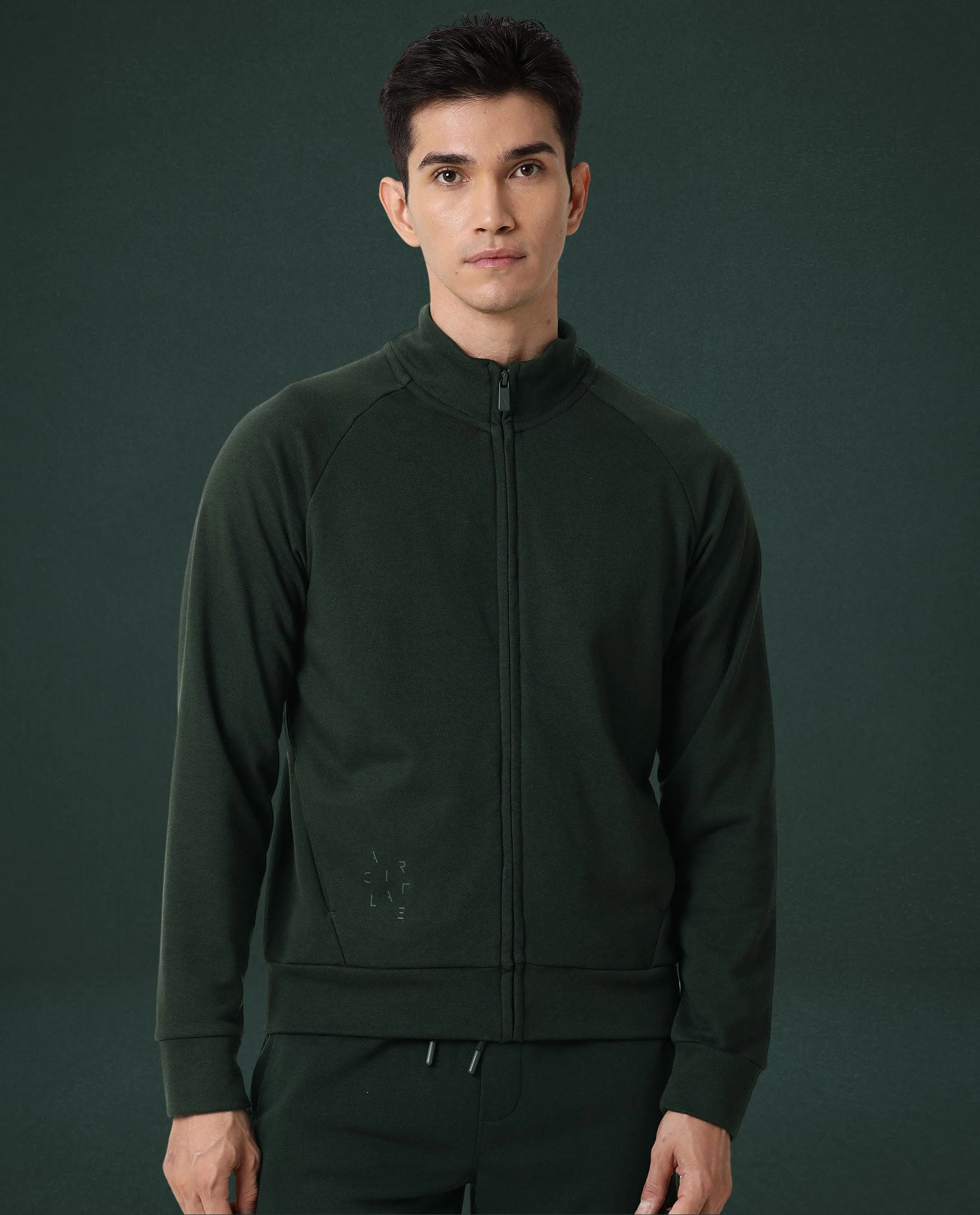 Rare Rabbit Articale Men's Azil Mountain Green High Neck Zip-Up Jacket
