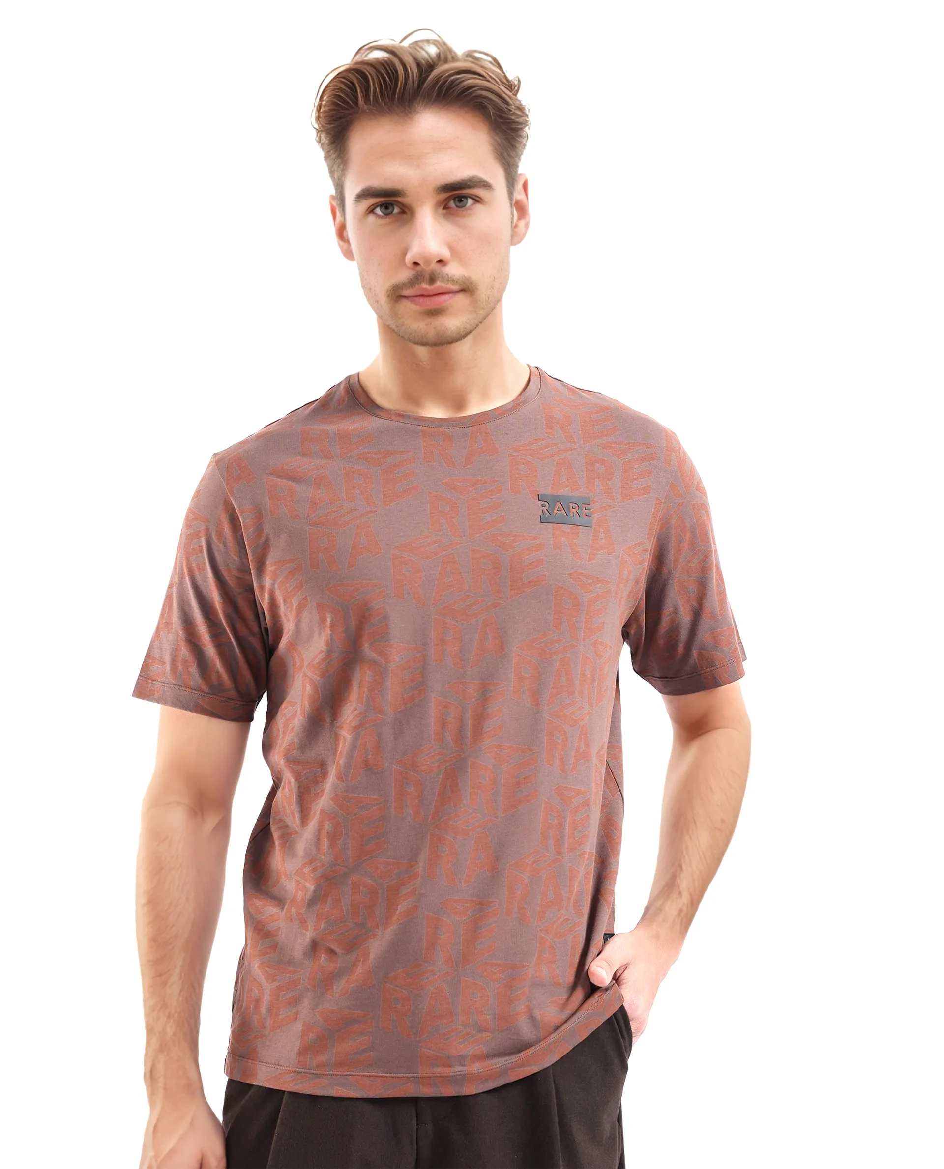 Rare Rabbit Men's Azo Dark Brown Cotton Graphic Print Regular Fit Half Sleeve Crew Neck T-Shirt
