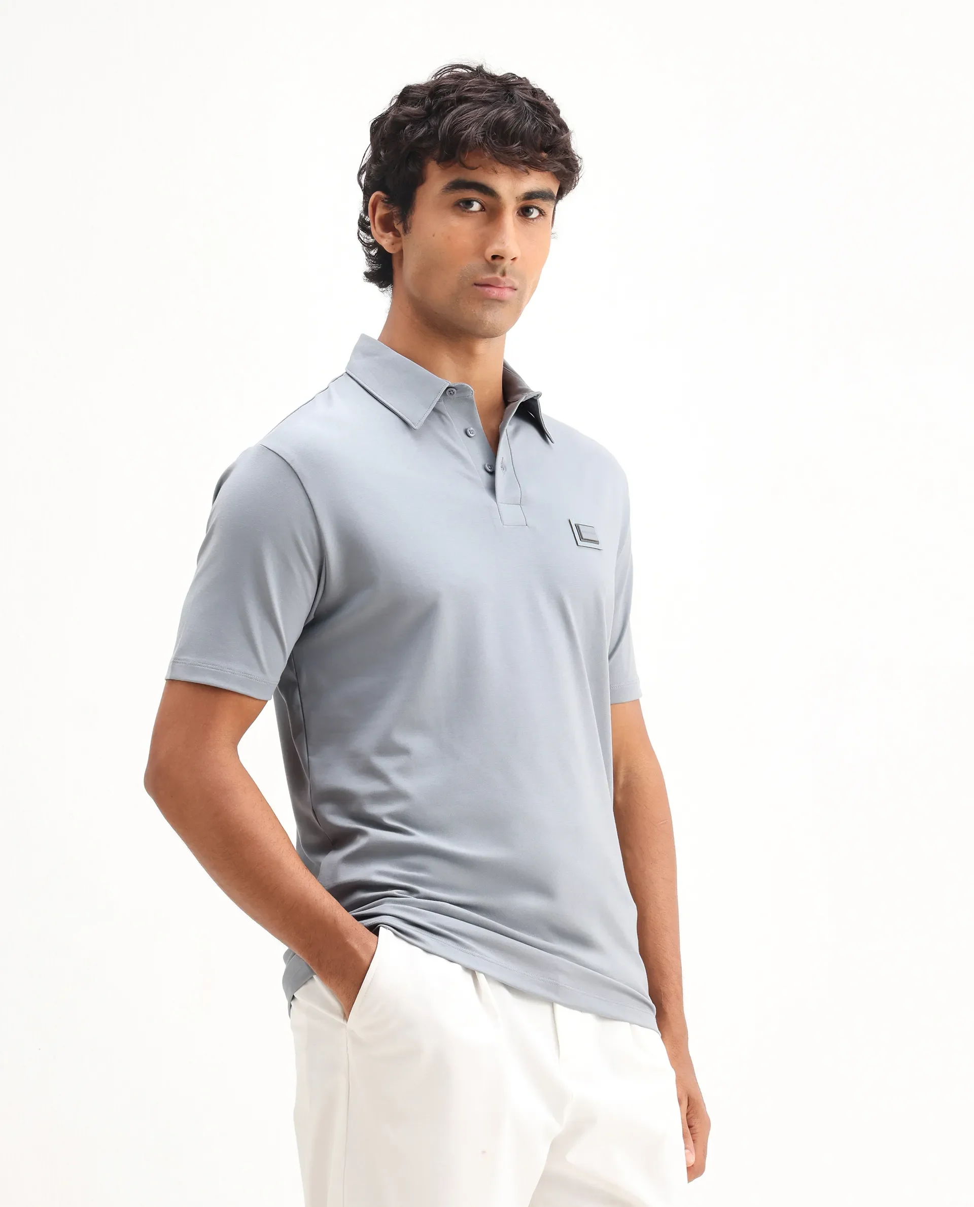 Rare Rabbit Men's Badger-25 Dusky Blue Cotton Blend Plain Regular Fit Half Sleeve Polo - Image 6