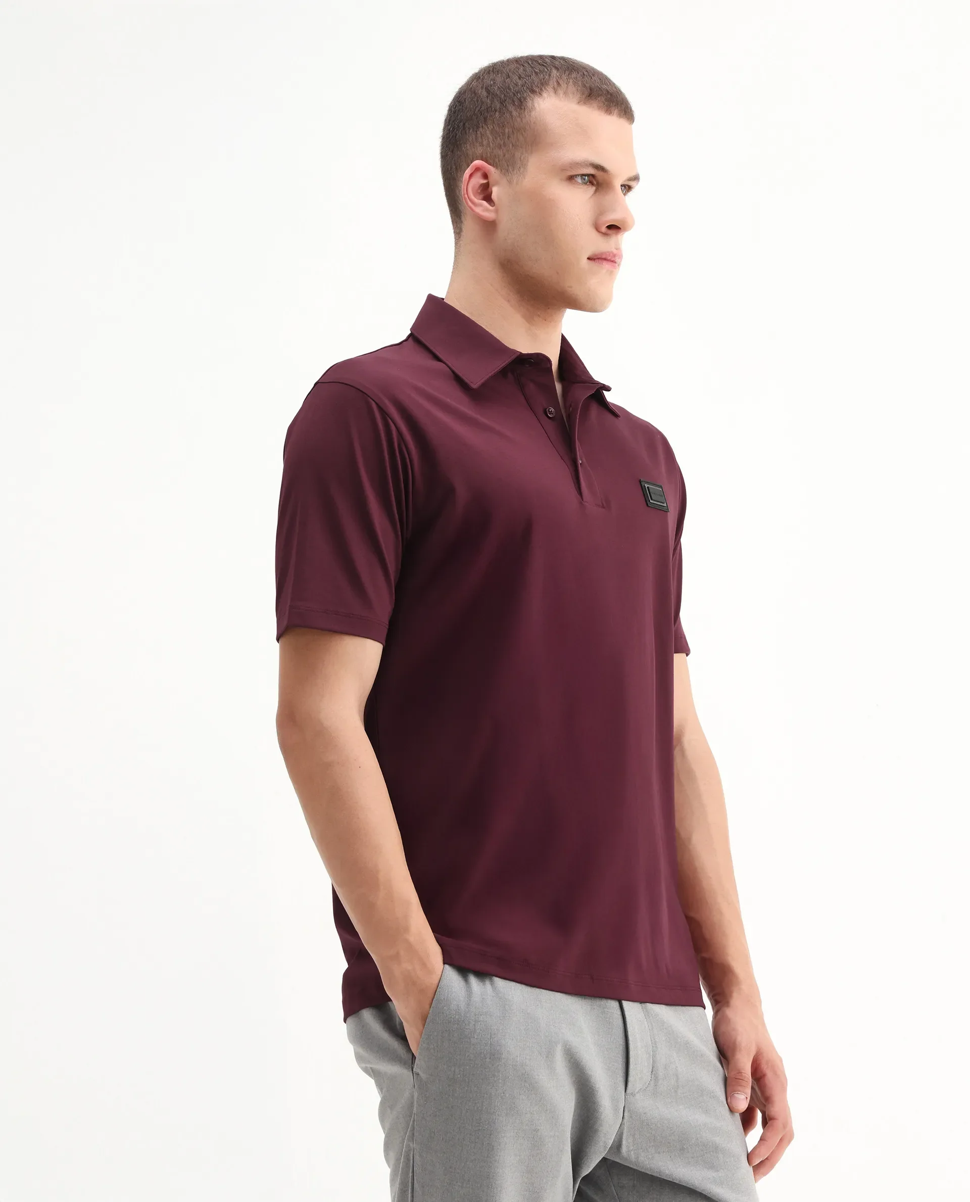 Rare Rabbit Men's Badger-A25 Dark Maroon Cotton Blend Plain Regular Fit Half Sleeve Plain Polo - Image 5