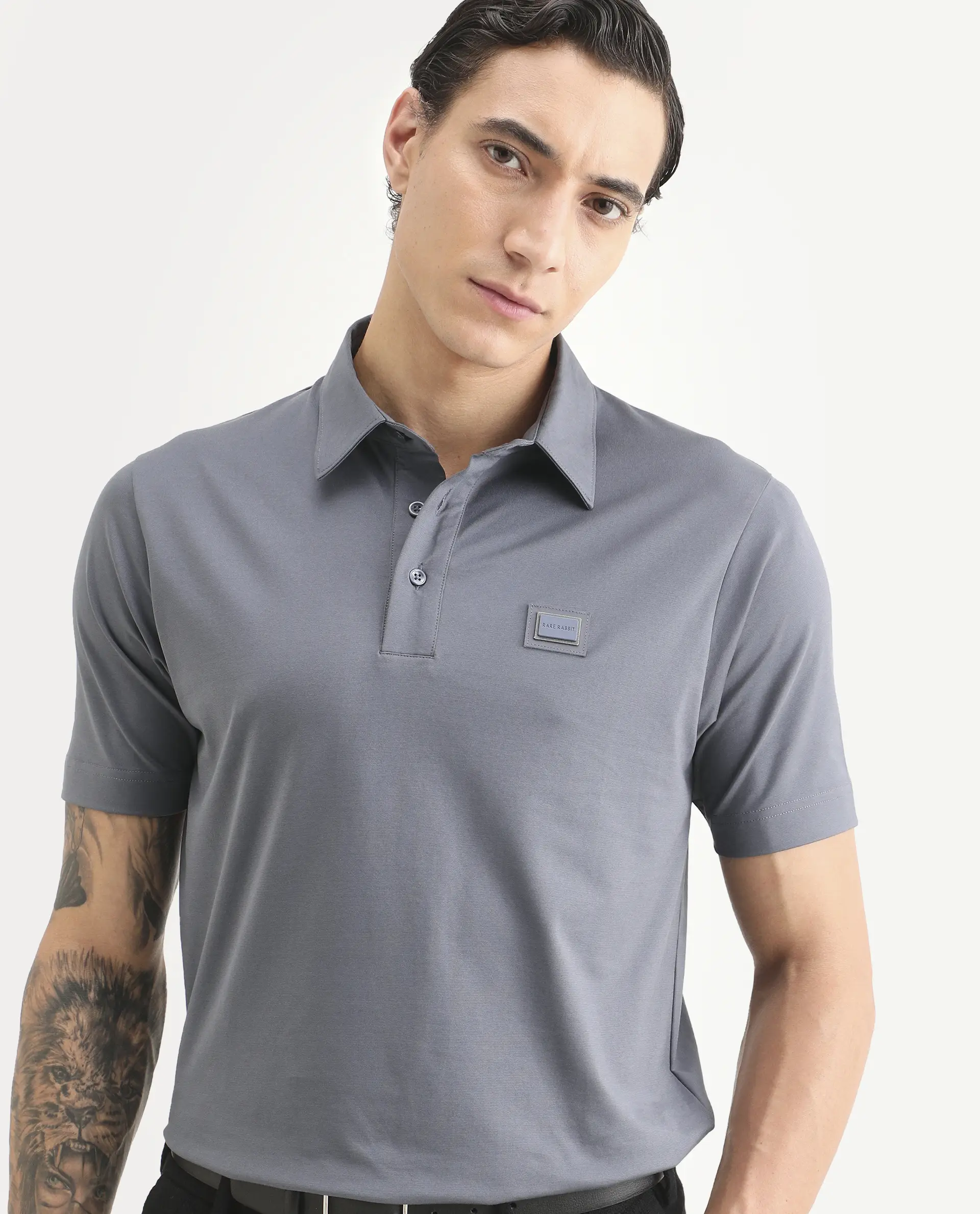 Rare Rabbit Men's Badger-S26 Dusky Blue Cotton Blend Fabric Half Sleeve Spread Collar Regular Fit Plain Polo
