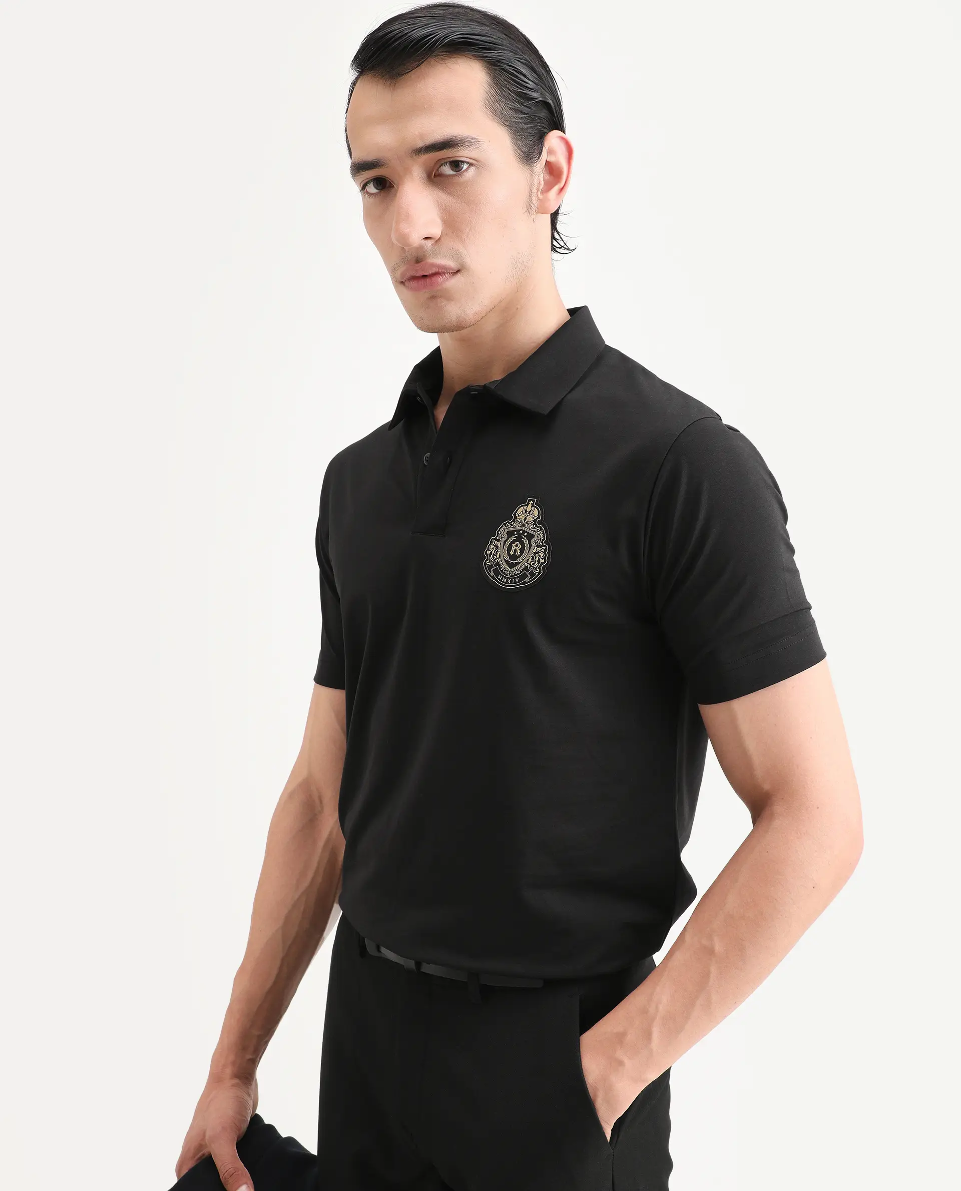 Rare Rabbit Men's Bage Black Cotton Blend Fabric Half Sleeve Spread Collar Regular Fit Plain Polo