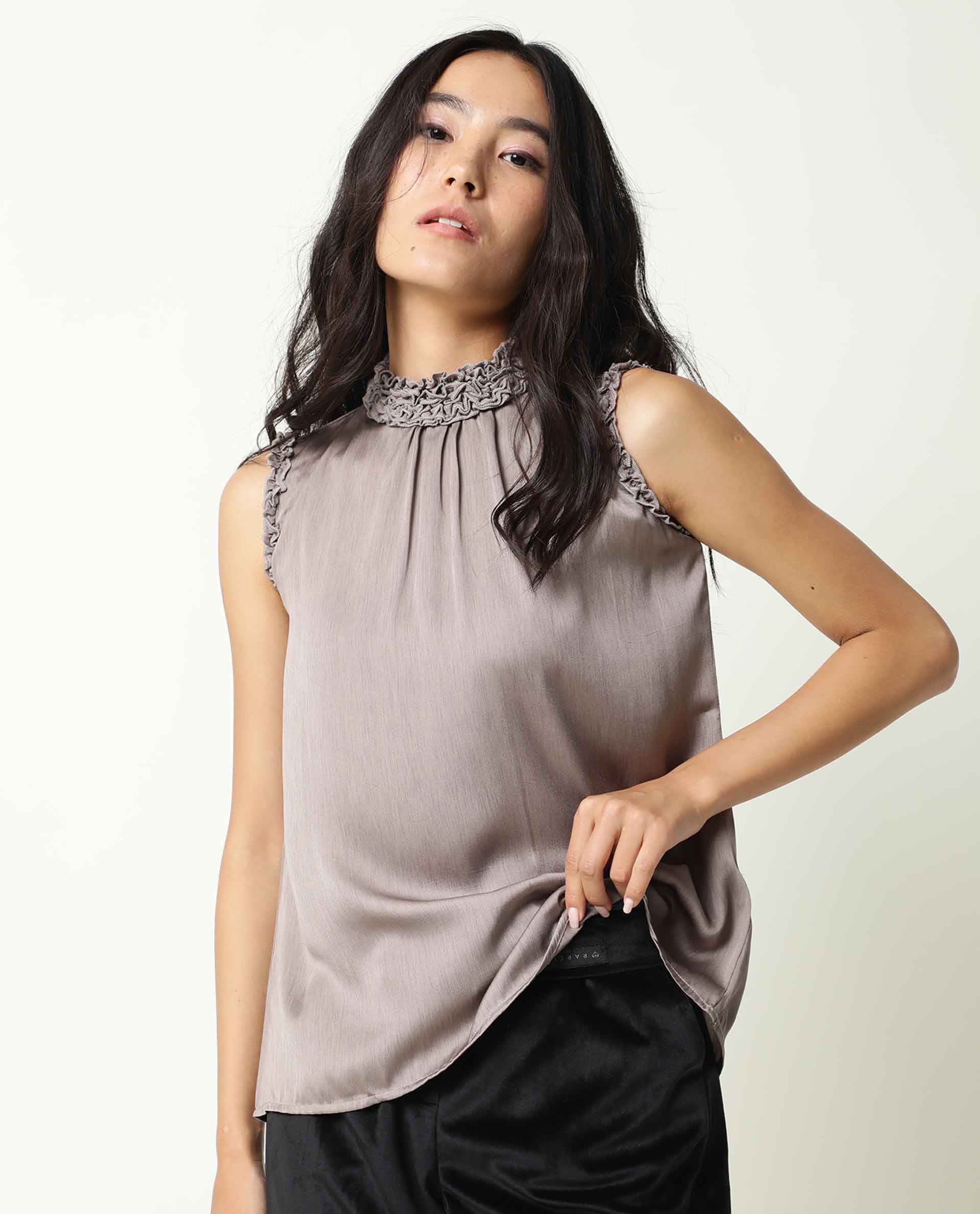 Rareism Womens Baileys Beige Top Polyester Fabric Sleeveless Ruffled Neck