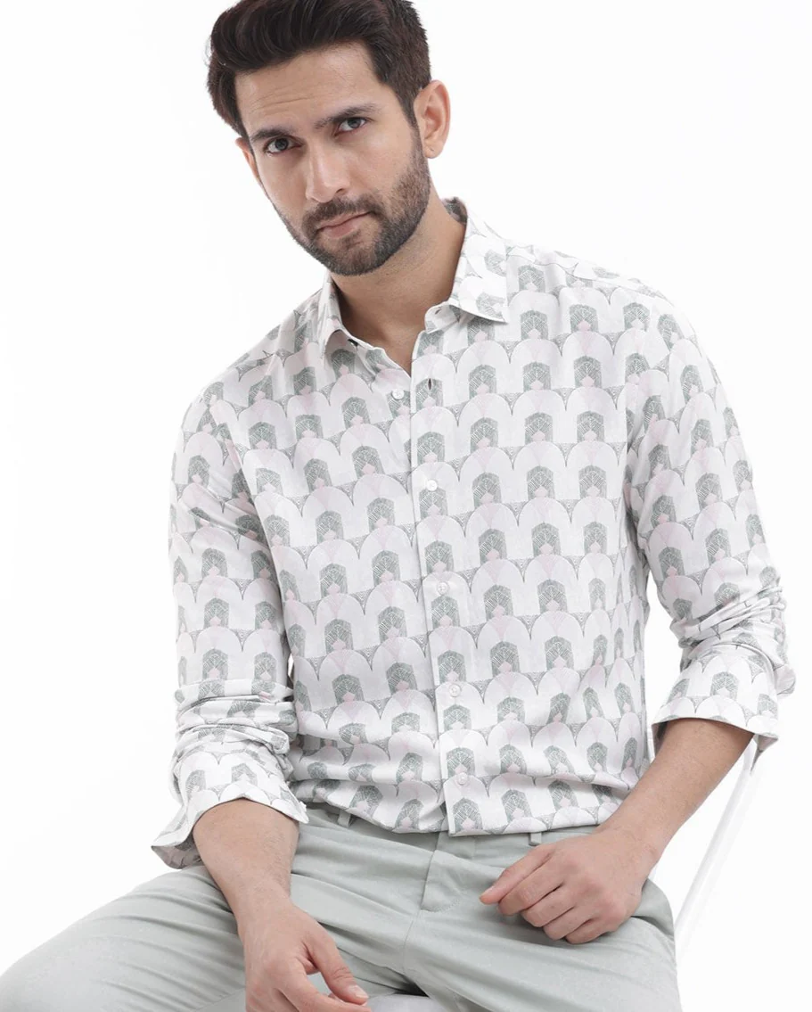 Rare Rabbit Men's Balic Pastel Green Viscose Geometric Print Regular Fit Full Sleeve Collared Shirt