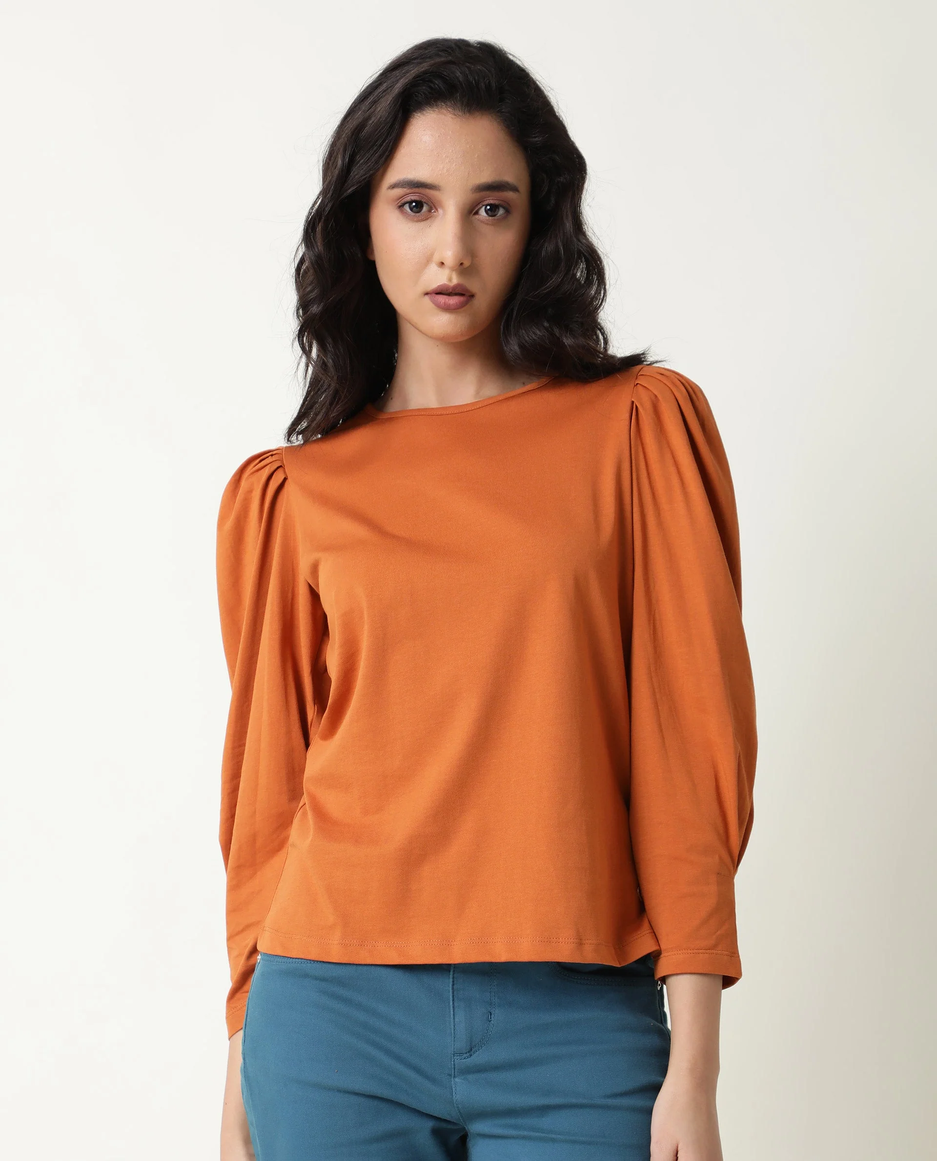Rareism Women's Ballerina Orange Cotton Boat Neck Plain Midi Length Slim Fit Top