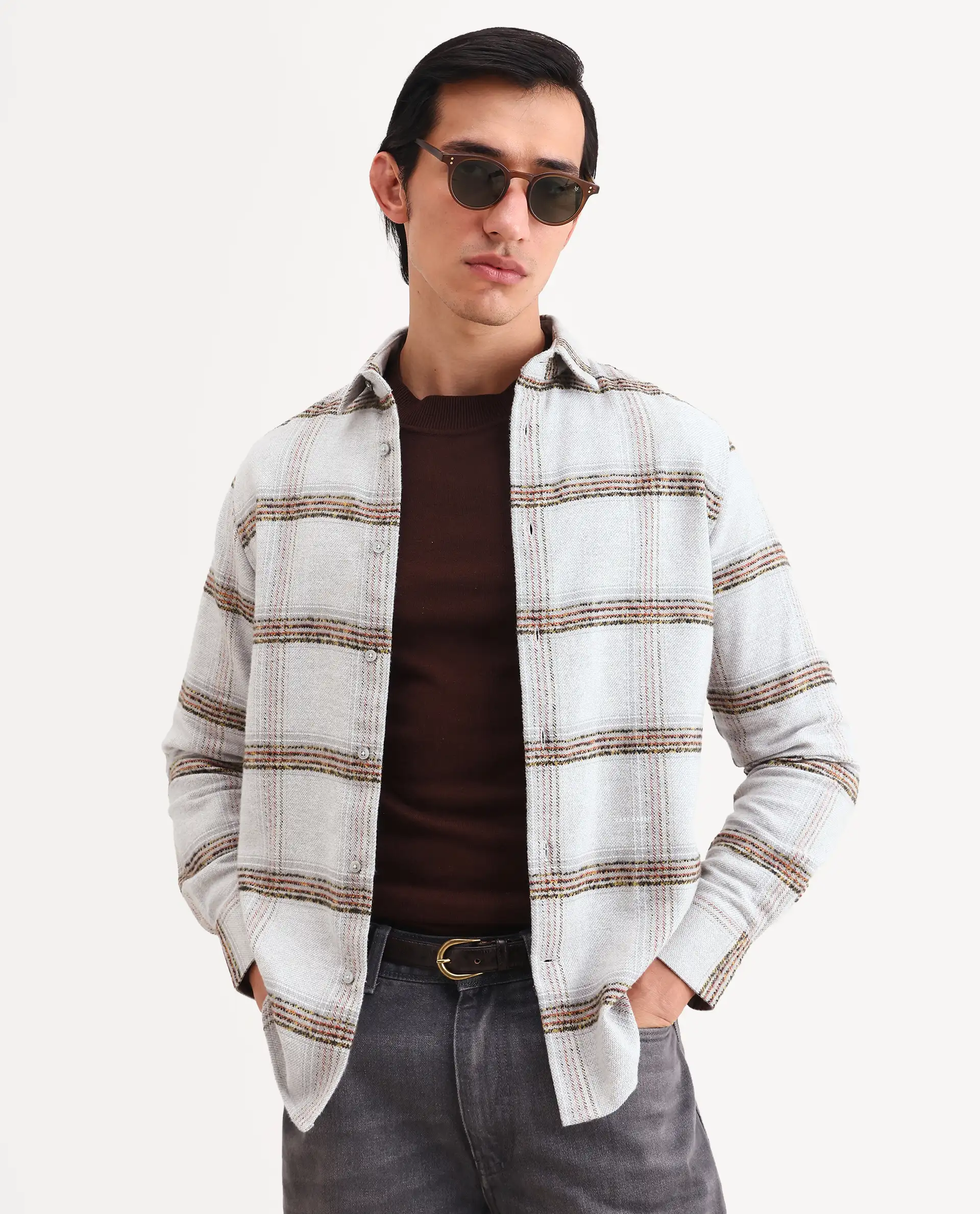 Rare Rabbit Men's Balo Light Grey Cotton Blend Fabric Full Sleeve Spread Collar Regular Fit Checked Shirt