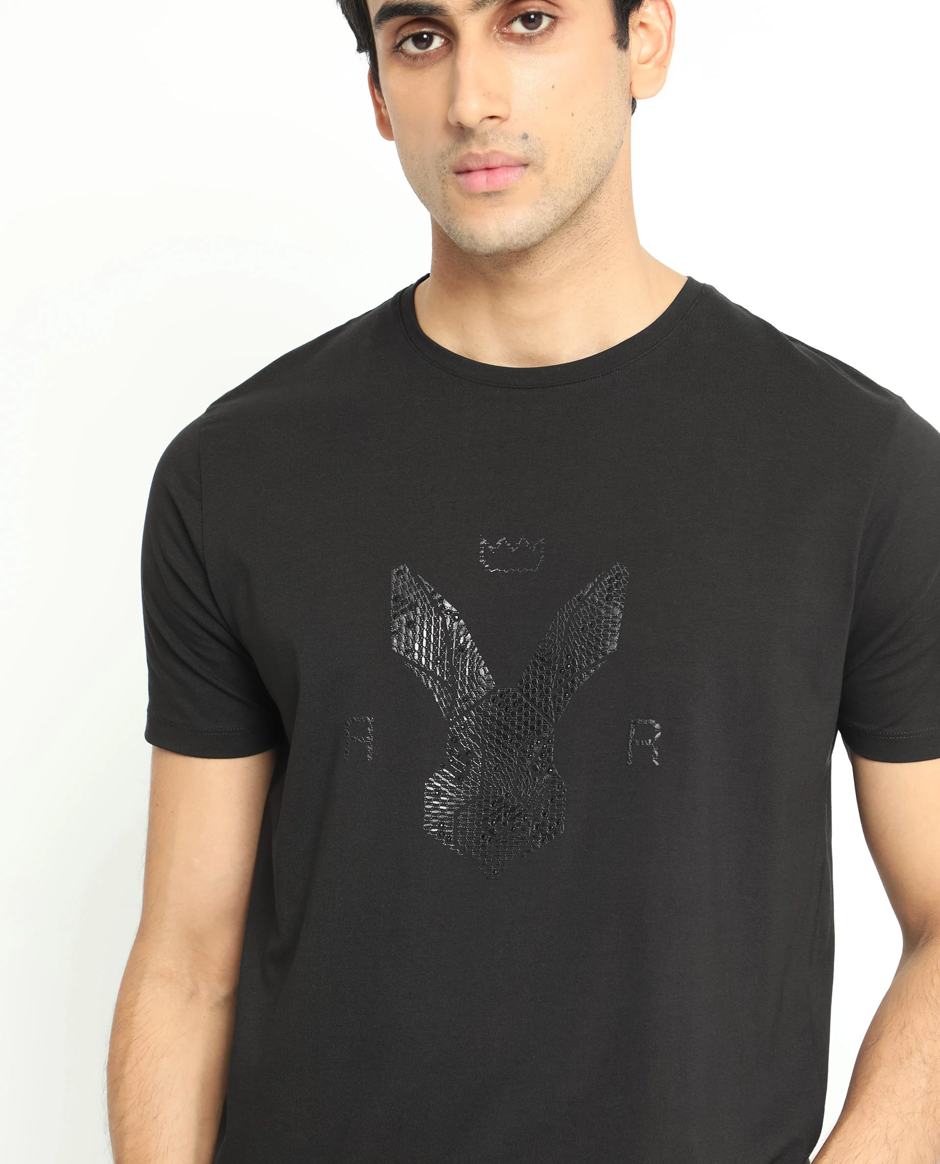 Rare Rabbit Men's Balta Black Cotton Graphic Print Slim Fit Half Sleeve Crew Neck T-Shirt