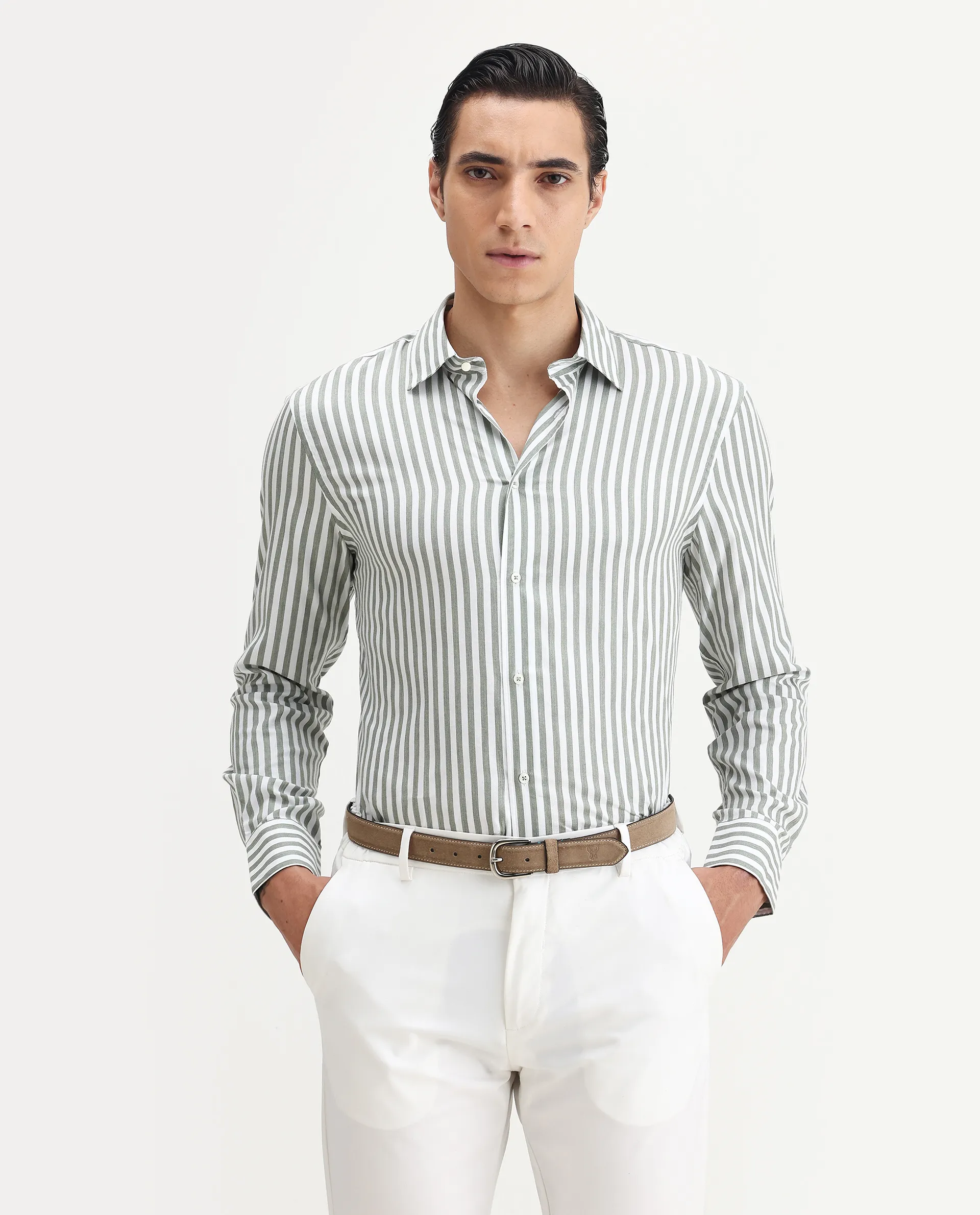 Rare Rabbit Men's Bari Dusky Green Cotton Blend Striped Print Regular Fit Full Sleeve Collared Shirt