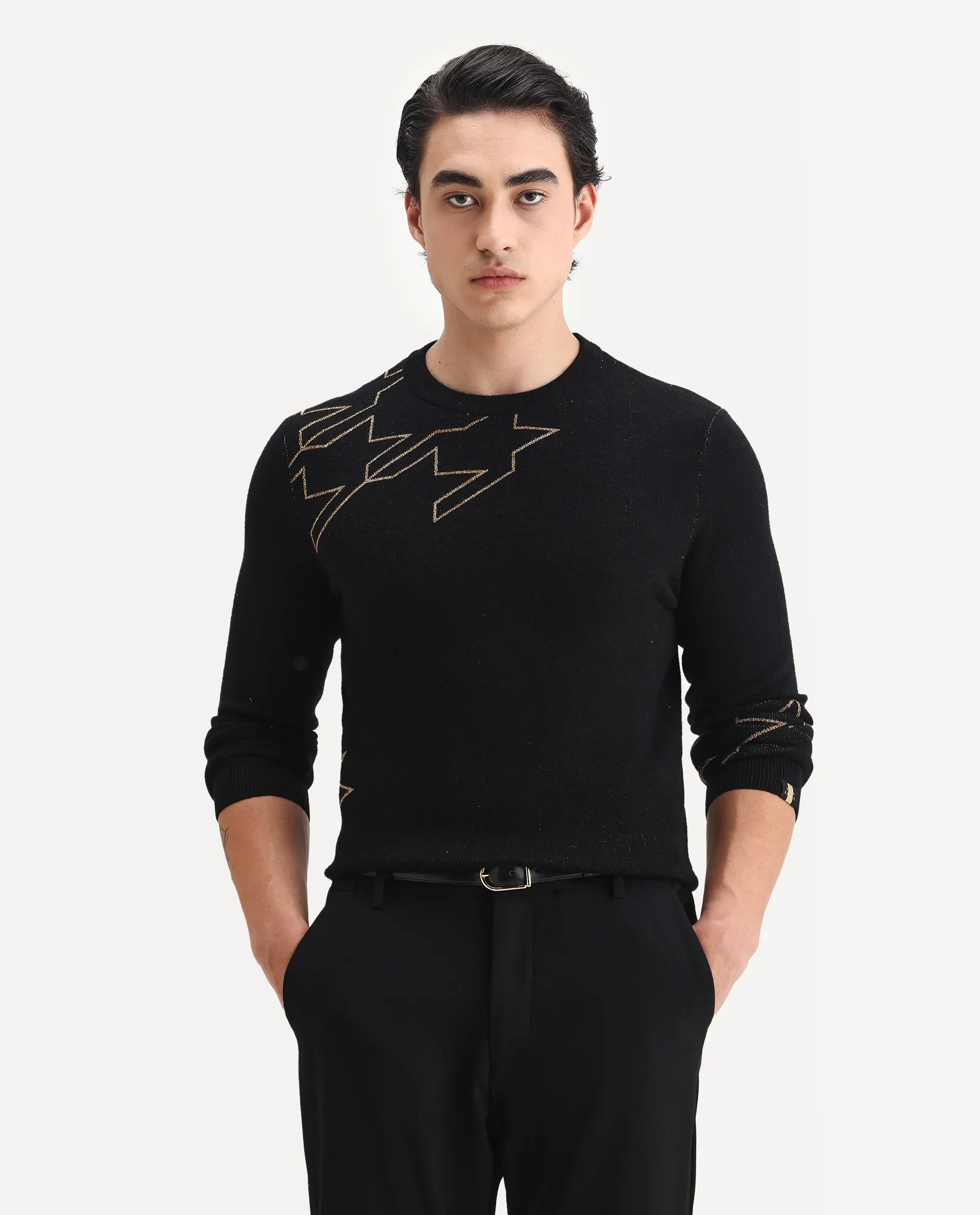 Rare Rabbit Men's Baset Black Polyester Jacquard Regular Fit Full Sleeve Crew Neck Sweater