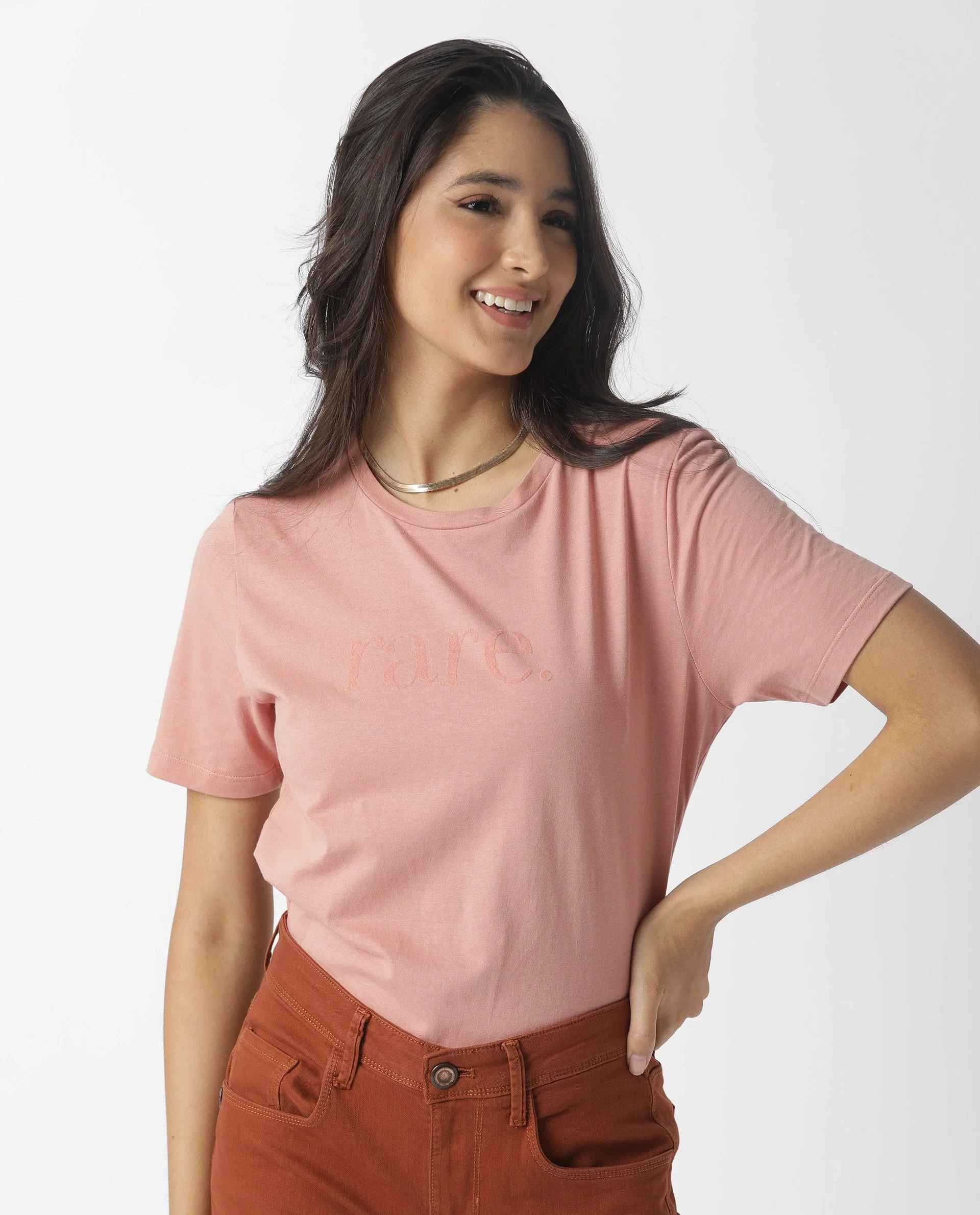 Rareism Womens Basic Tee 2 Pink T-Shirt Cotton Fabric Fitted Fit Short Sleeve Round Neck