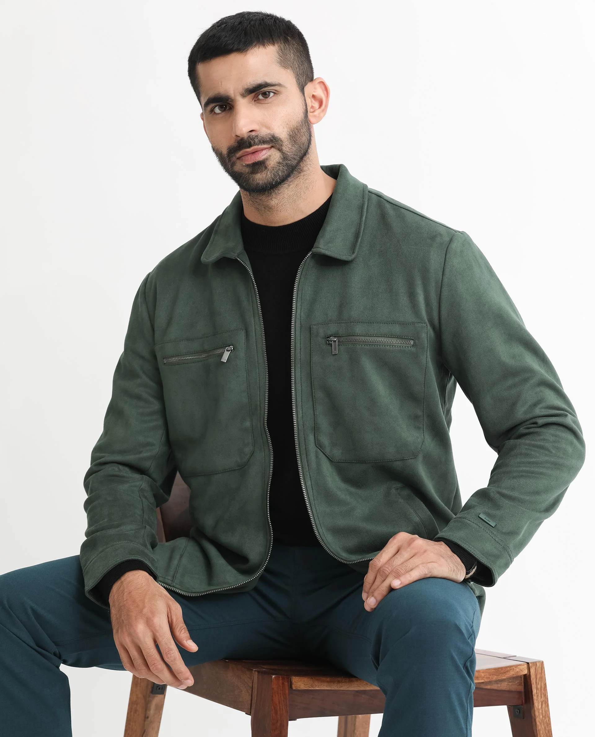 Rare Rabbit Men's Bax Green Suede Plain Boxy Fit Full Sleeve Spread Collar Jacket