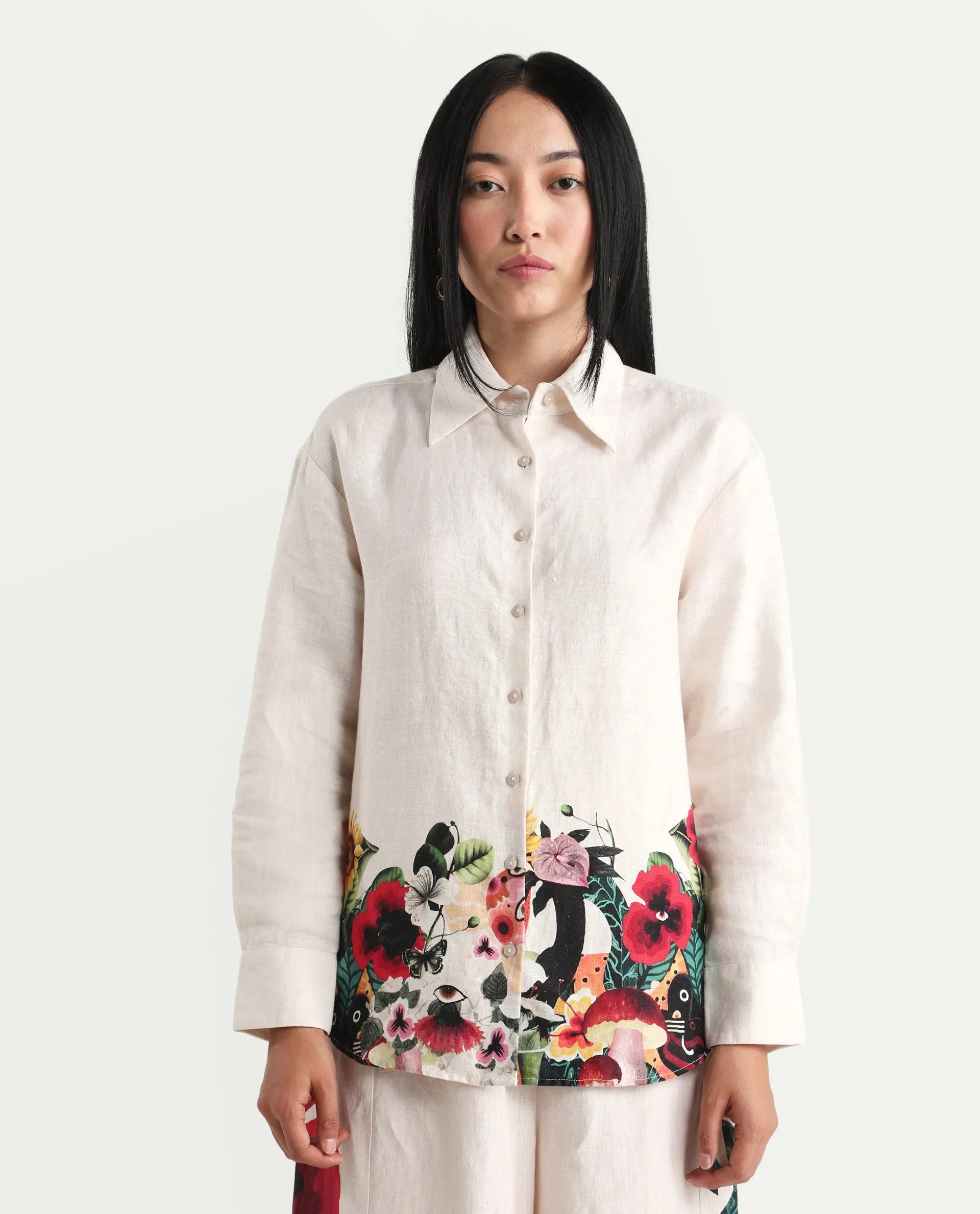 Rareism Women's Bazper-T Off White 100% Linen Full Sleeve Regular Fit Abstract Print Shirt