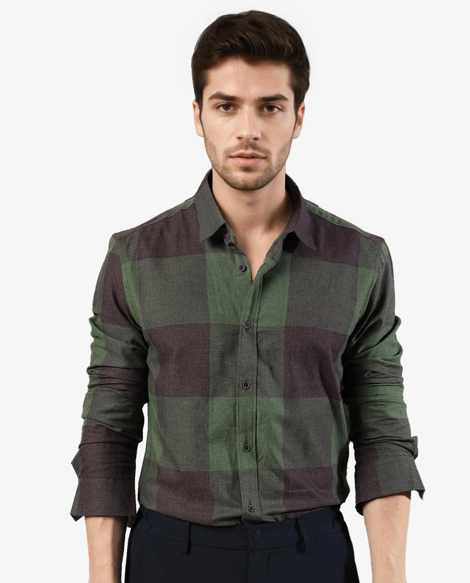 Rare Rabbit Men's Beaver Olive Cotton Checked Print Regular Fit Full Sleeve Collared Shirt