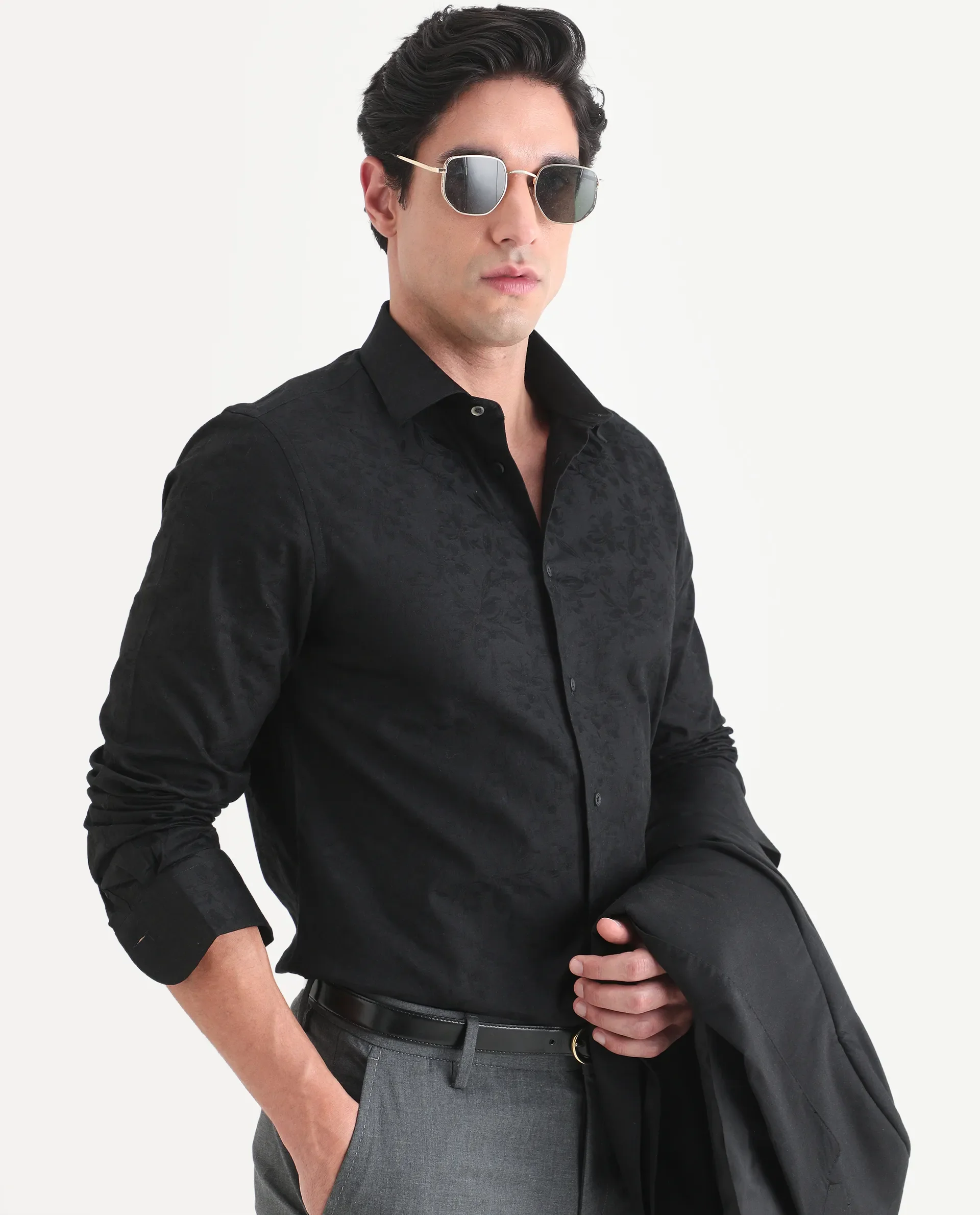 Rare Rabbit Men's Bedale Black Cotton Fabric Spread Collar Regular Fit Jacquard Shirt