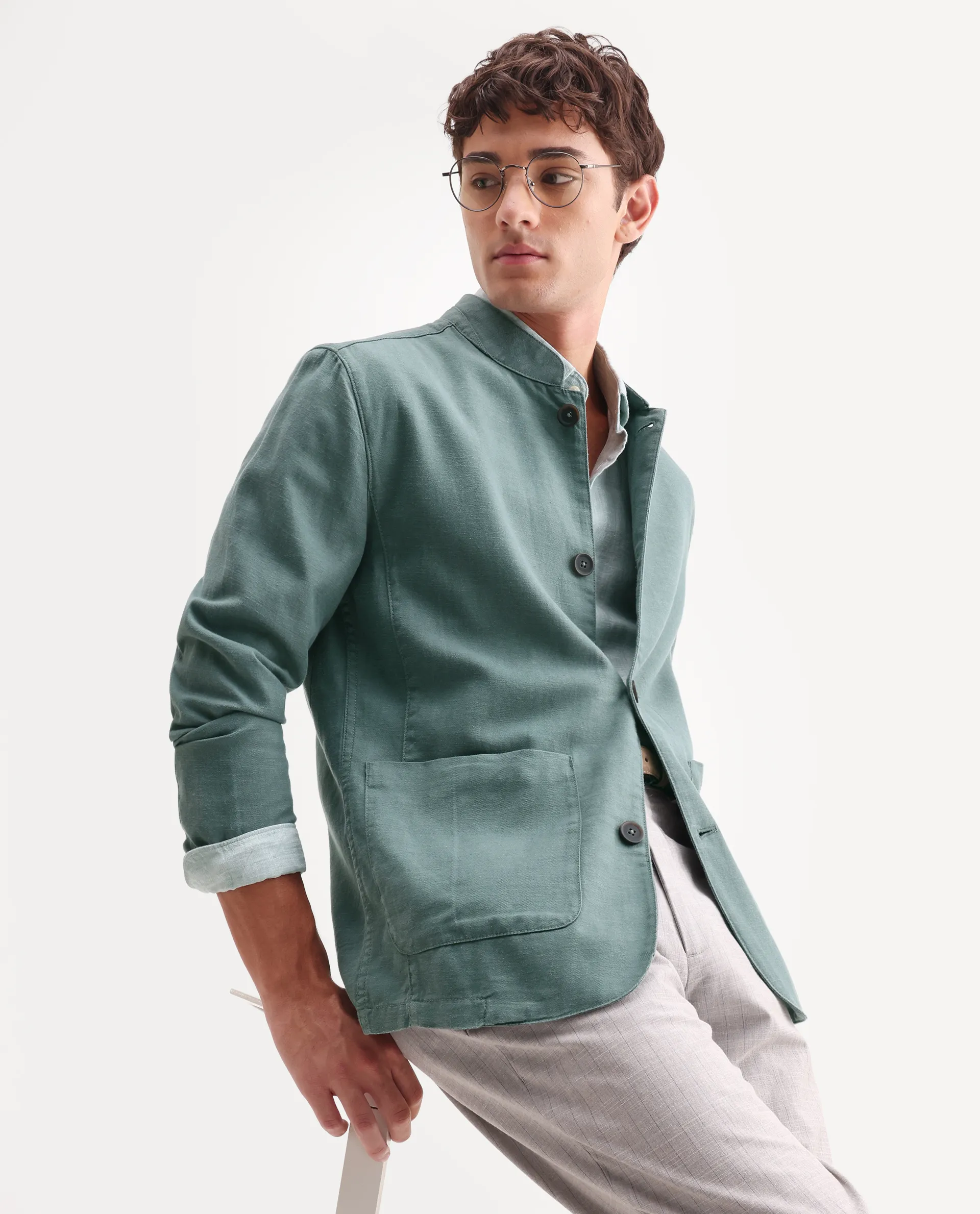 Rare Rabbit Men's Bela Dusky Green Linen Blend Fabric Mandarin Collar Neck Tailored Fit Coat