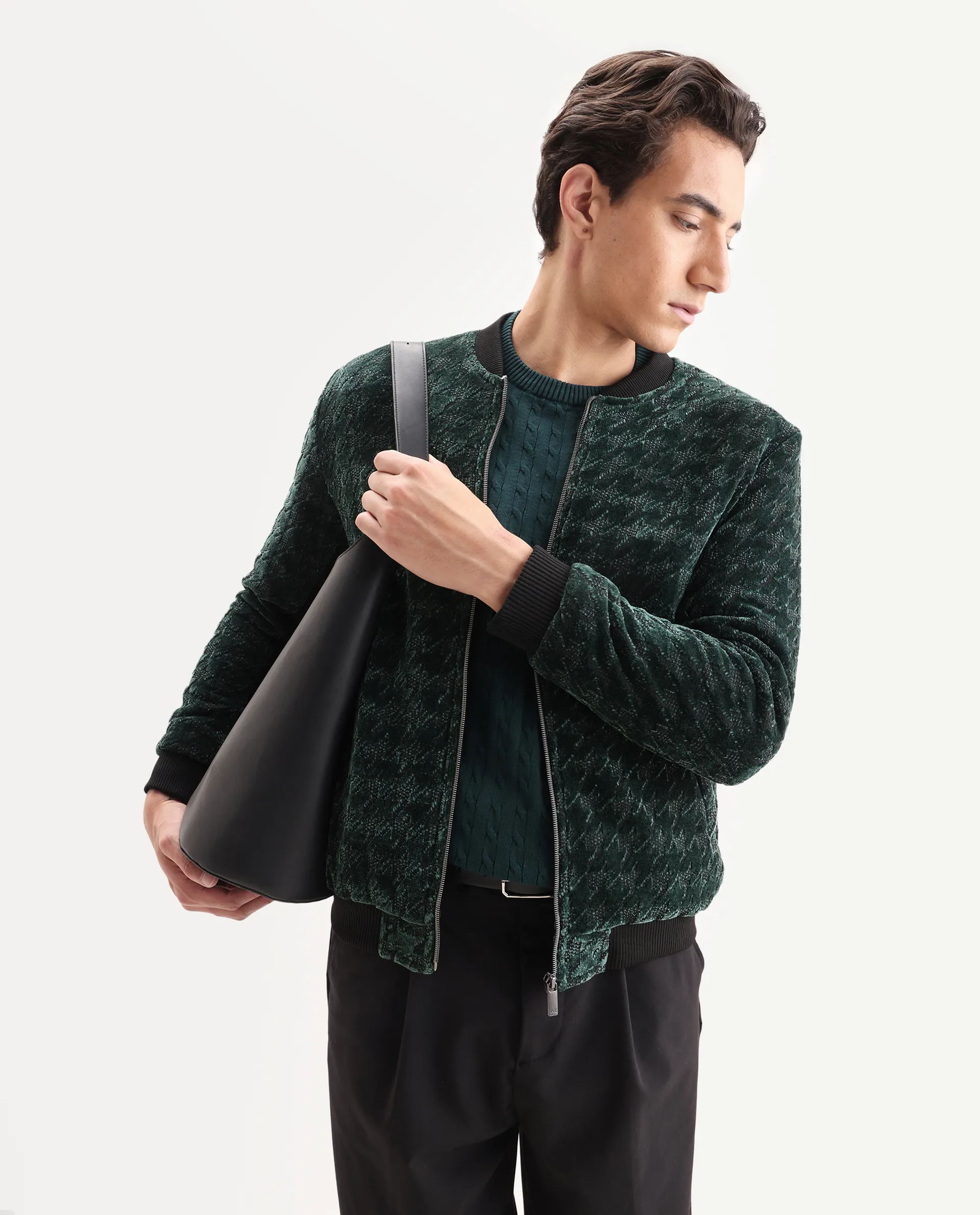 Rare Rabbit Men's Beldon Dark Green Velvet Textured Regular Fit Full Sleeve Stand Collar Jacket