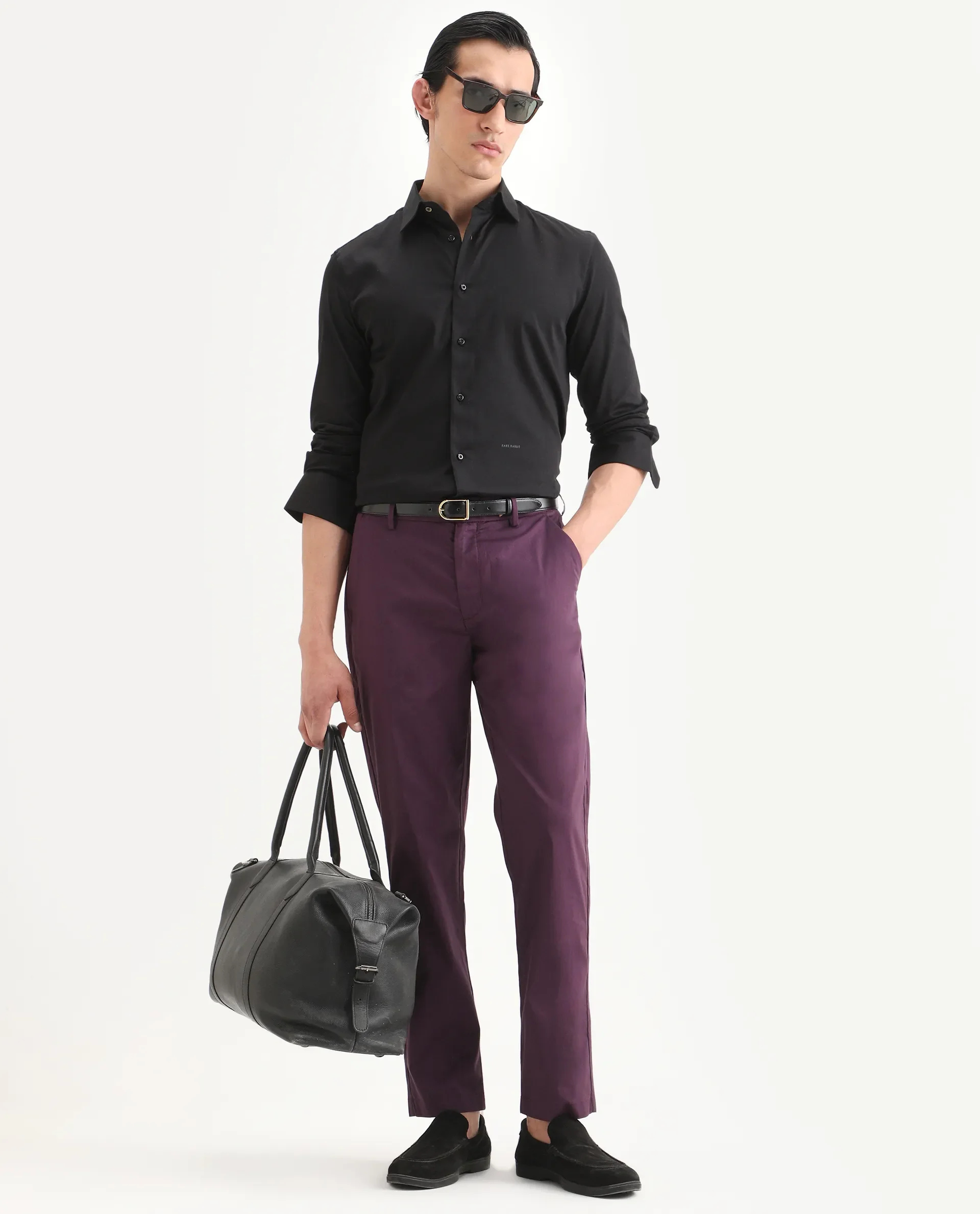 Rare Rabbit Men Bene Dark Purple Cotton Blend Fabric Button Closure Straight Fit Plain Trouser