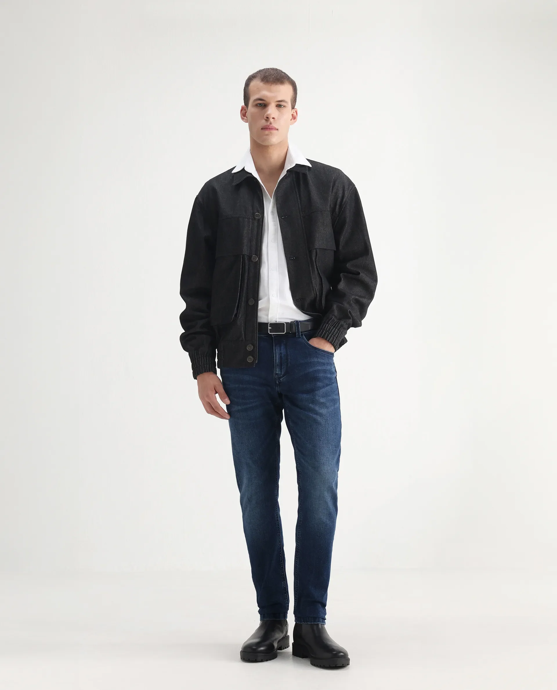 Rare Rabbit Men's Benn Blue Cotton Blend Plain Hawk Slim Fit Jeans