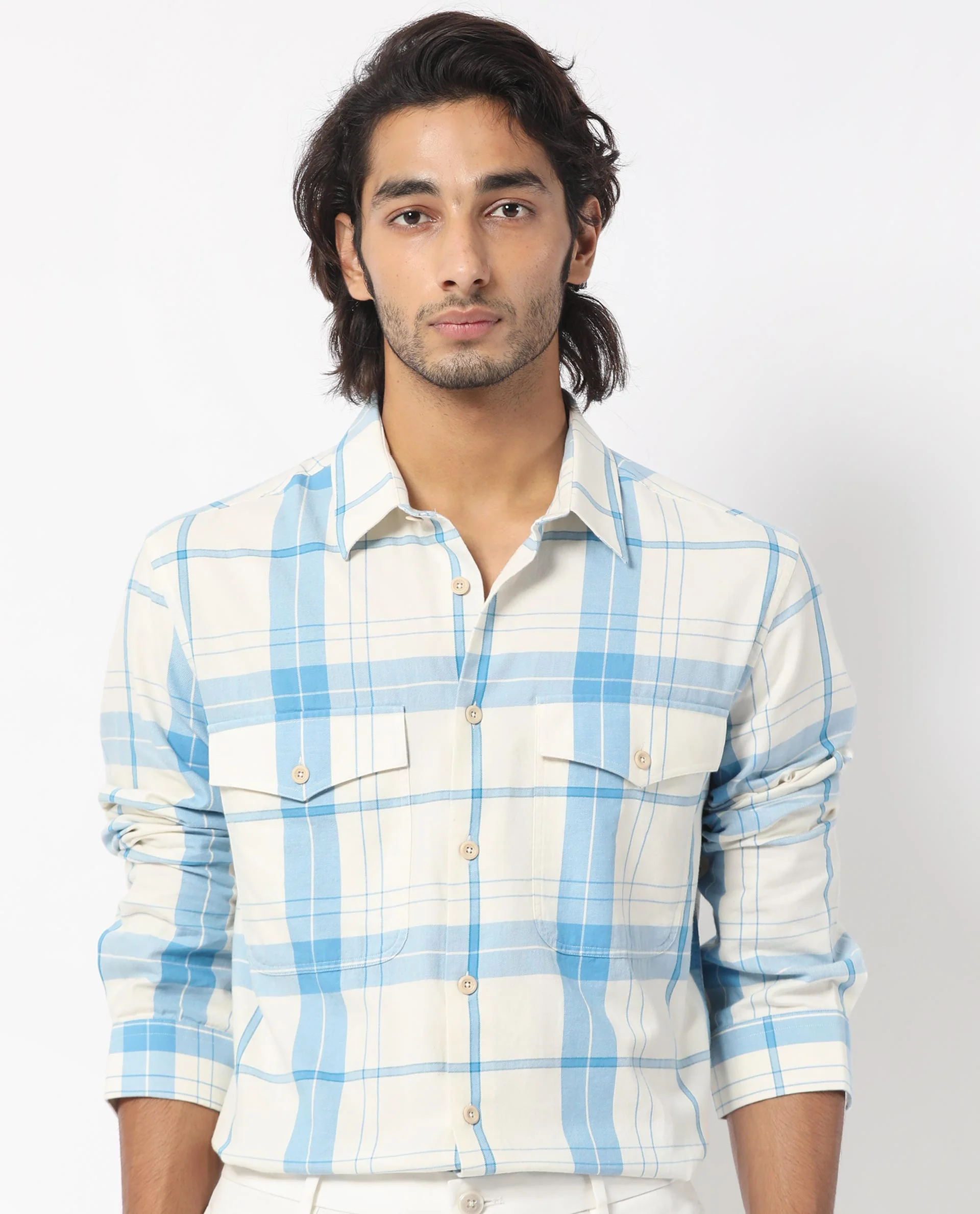 Rare Rabbit Men's Bern Blue Cotton Checked Print Regular Fit Full Sleeve Collared Shirt