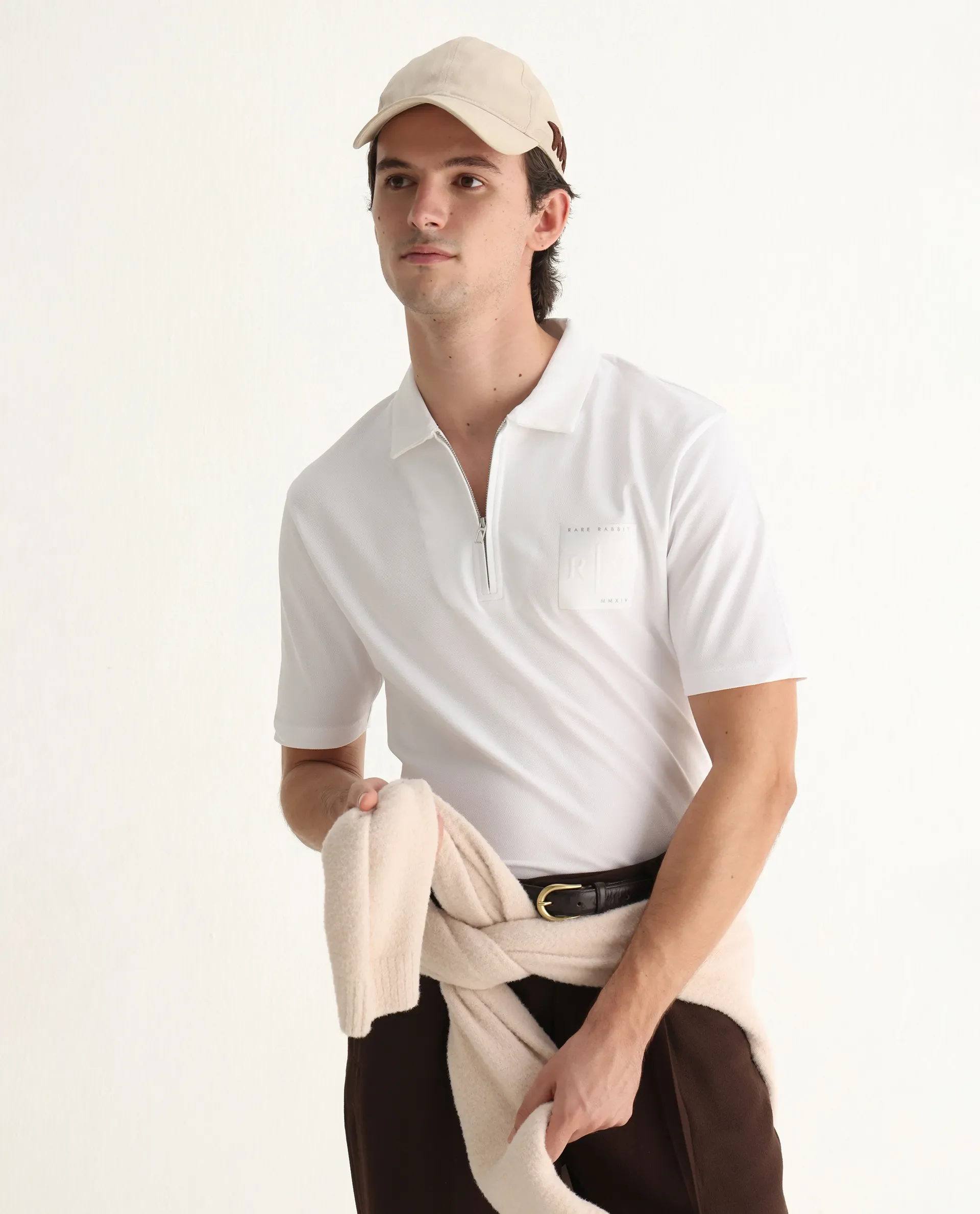 Rare Rabbit Men's Berner White Cotton Blend Graphic Print Regular Fit Half Sleeve Polo