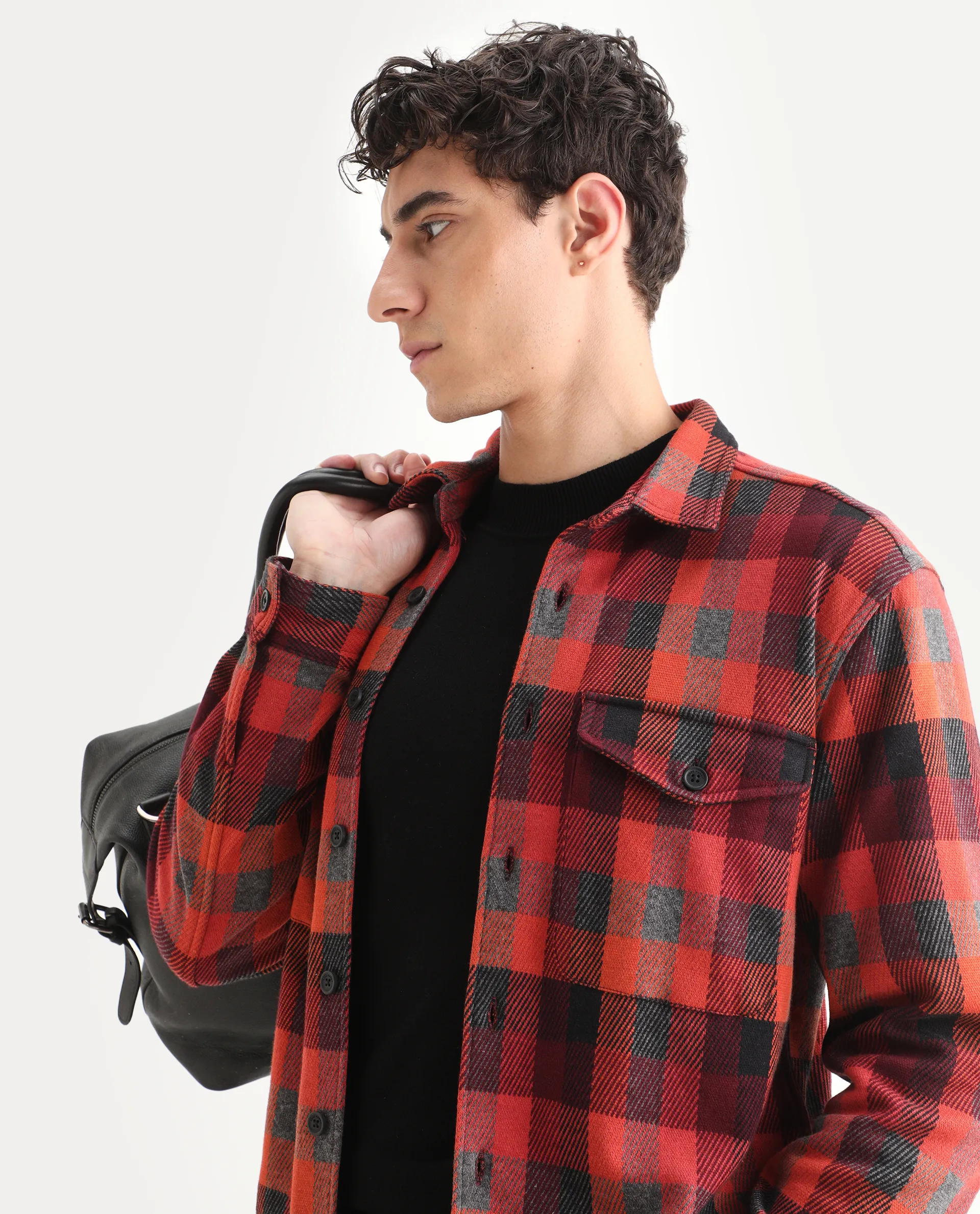 Rare Rabbit Men's Beteta Rust Cotton Checked Print Relaxed Fit Full Sleeve Collared Shacket
