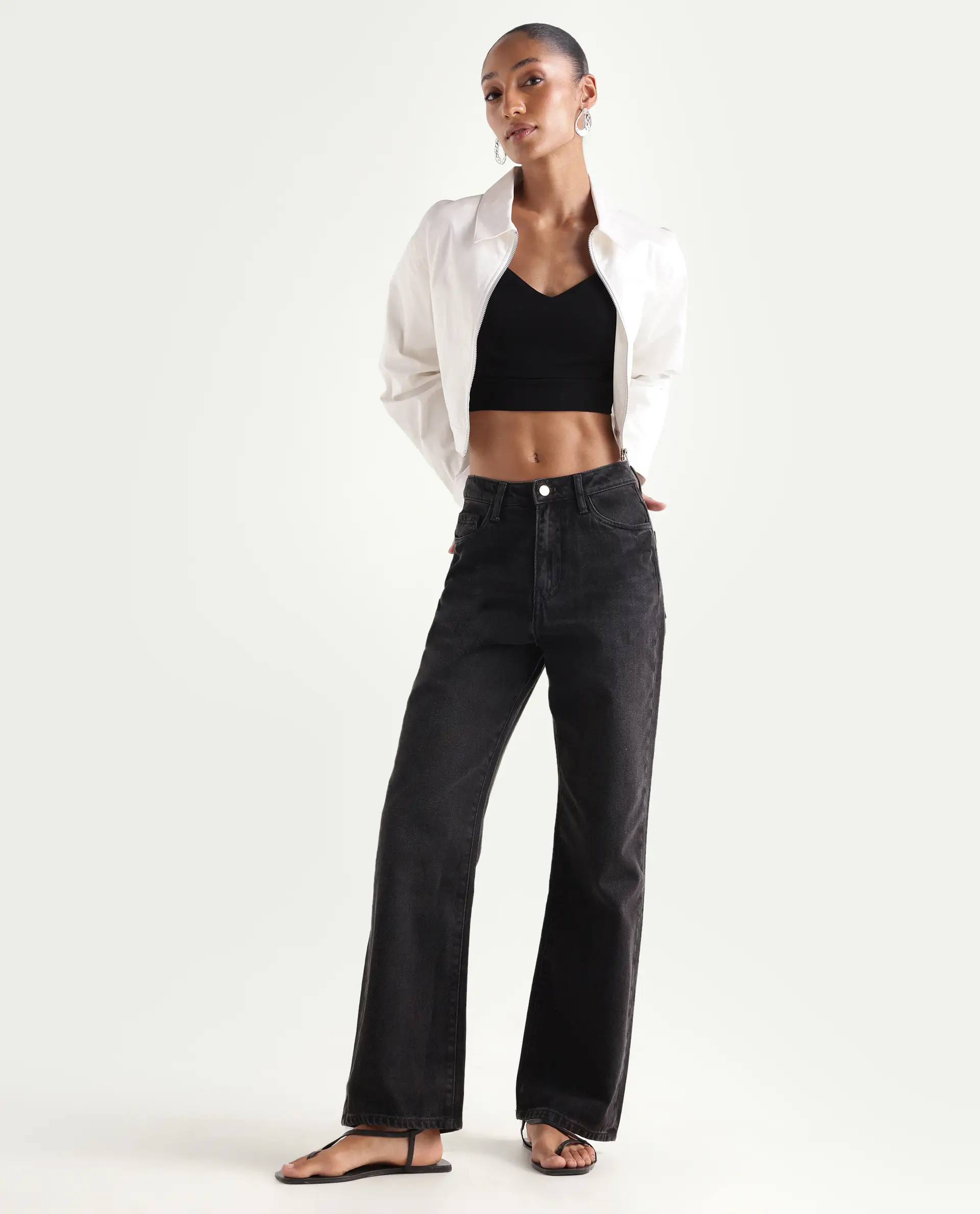 Rareism Women's Beuro Black Cotton Blend Plain Ankle Length Straight Fit Jeans
