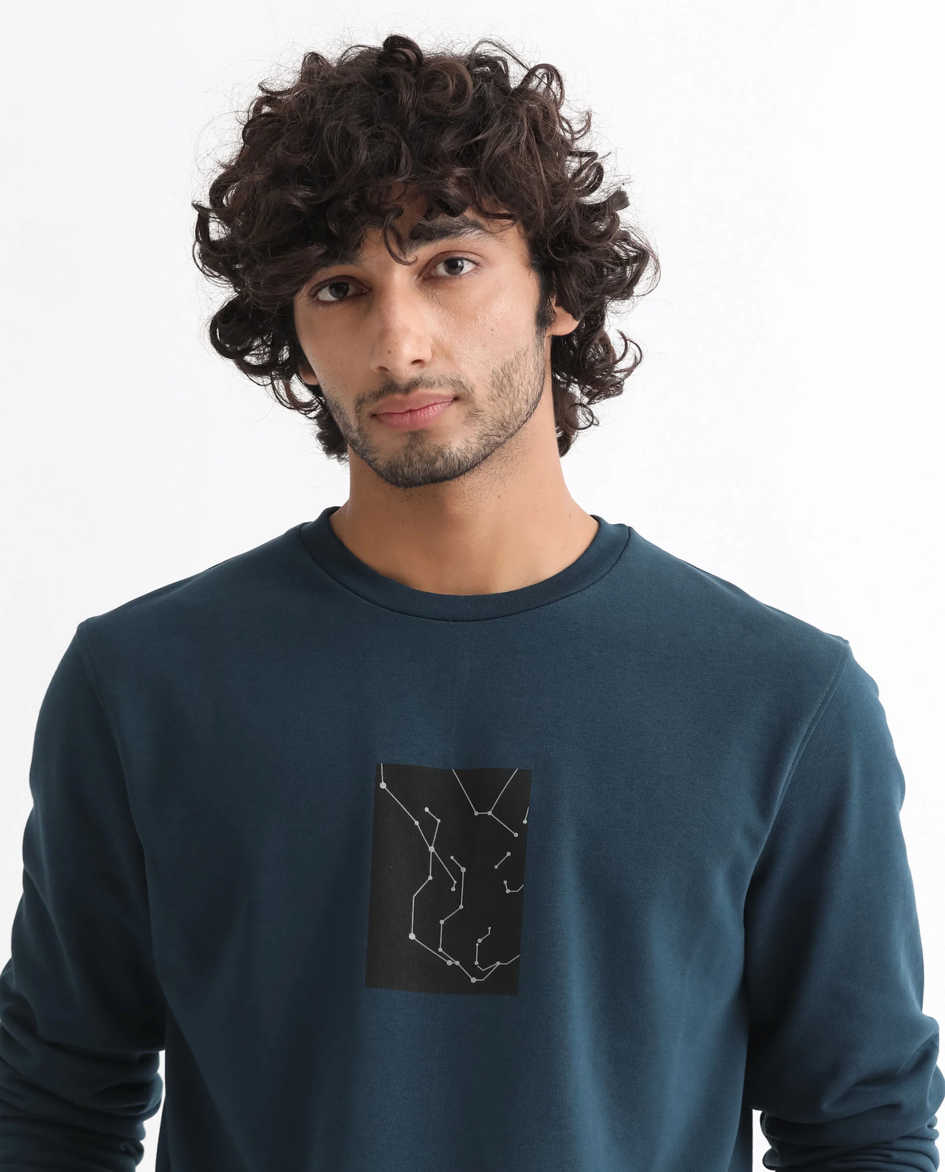 Rare Rabbit Men's Bexx Petrol Cotton Graphic Print Regular Fit Full Sleeve Crew Neck Sweatshirt