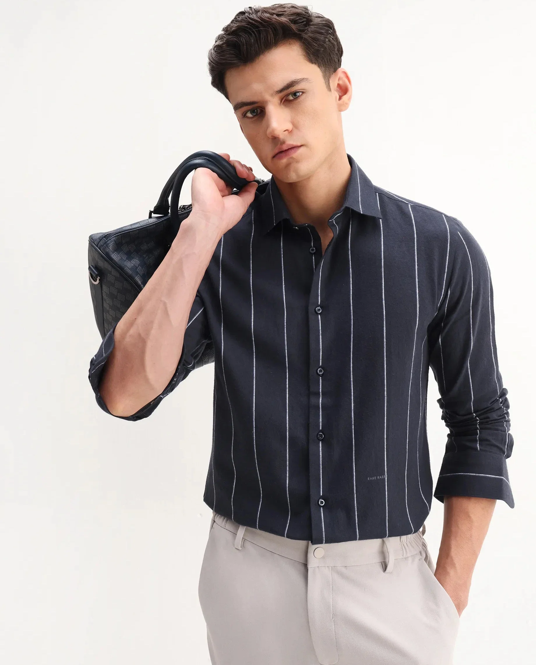 Rare Rabbit Men's Beymen Navy Cotton Striped Print Regular Fit Full Sleeve Collared Shirt