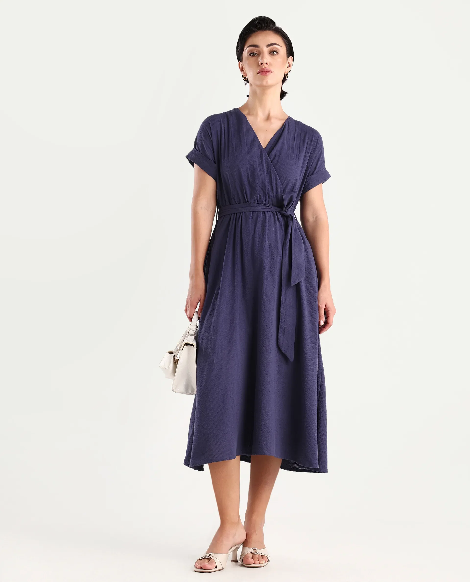 Rareism Women's Bhamin Navy Viscose Overlap Neck Plain Extended Sleeves Midi Fit And Flare Dress