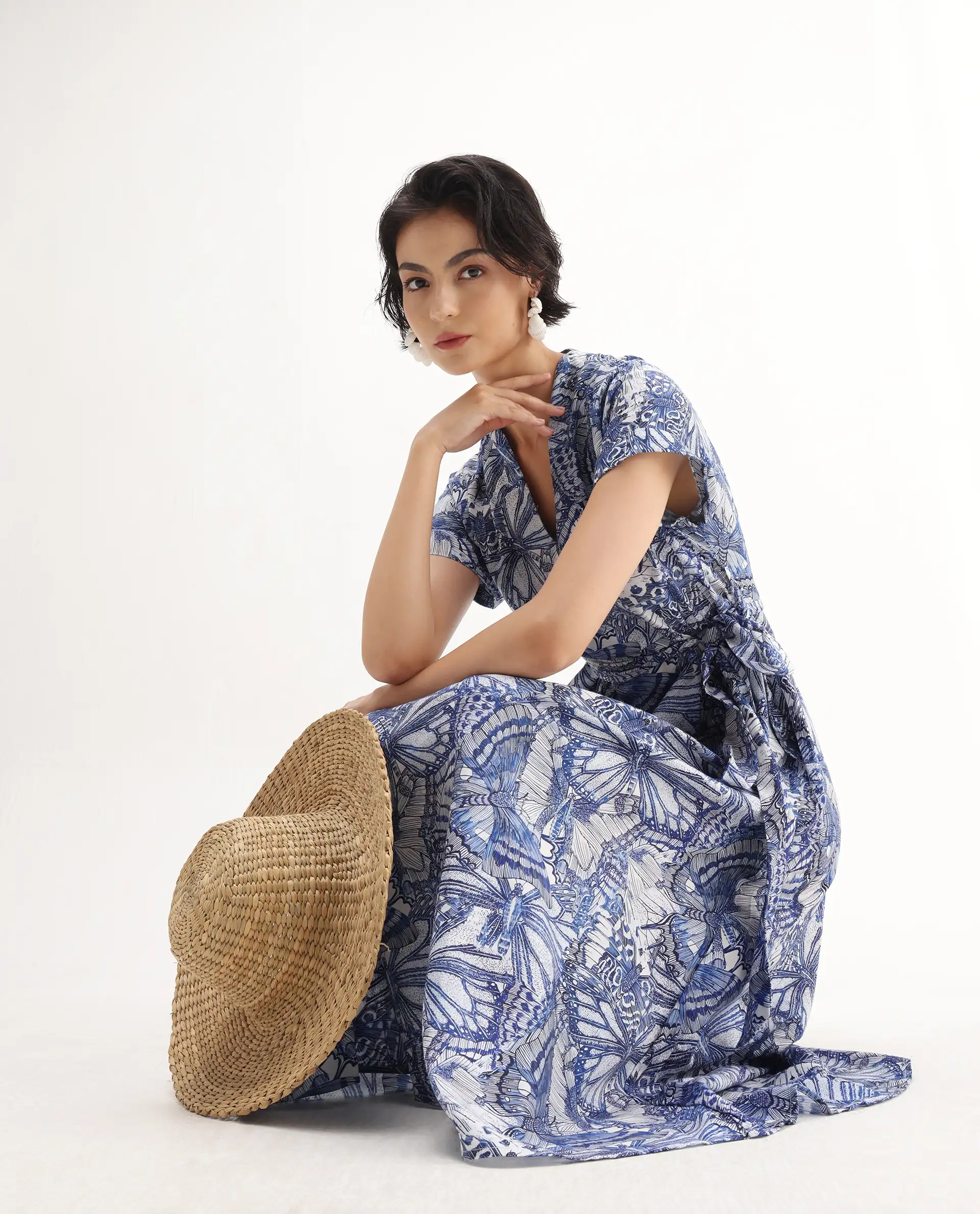 Rareism Women's Bharnaj Blue Cotton Blend Johnny Collar Abstract Print Kimono Sleeve Midi Flared Dress