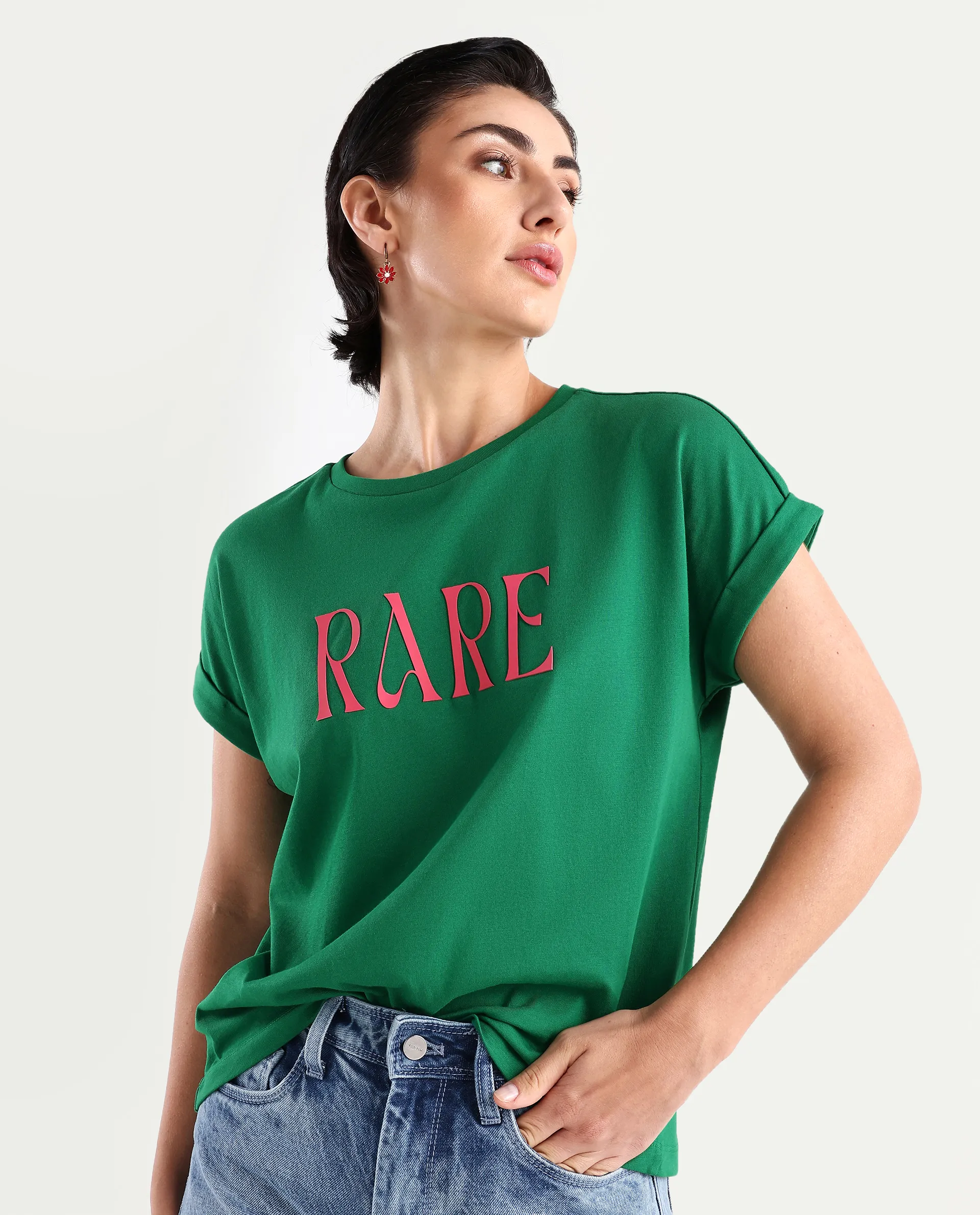 Rareism Women's Bhars Green Viscose Blend Crew Neck Typography Print Extended Sleeves Regular Fit T-Shirt