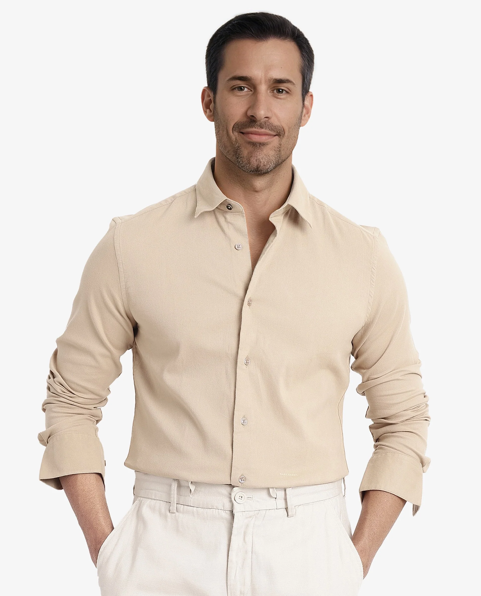 Rare Rabbit Men's Bicton Beige Cotton Plain Regular Fit Full Sleeve Collared Shirt