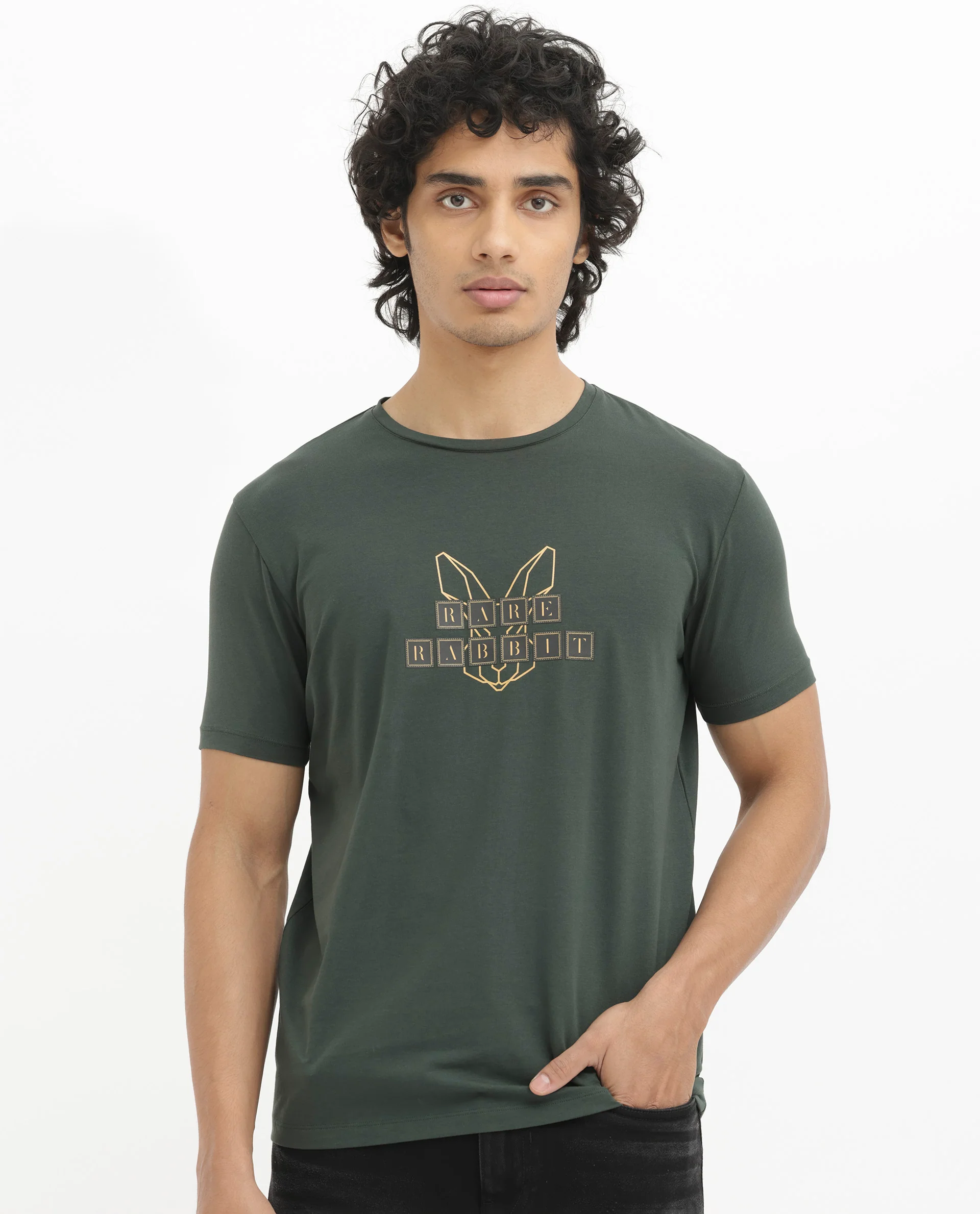 Rare Rabbit Men's Bion-1 Olive Cotton Graphic Print Regular Fit Half Sleeve Crew Neck T-Shirt
