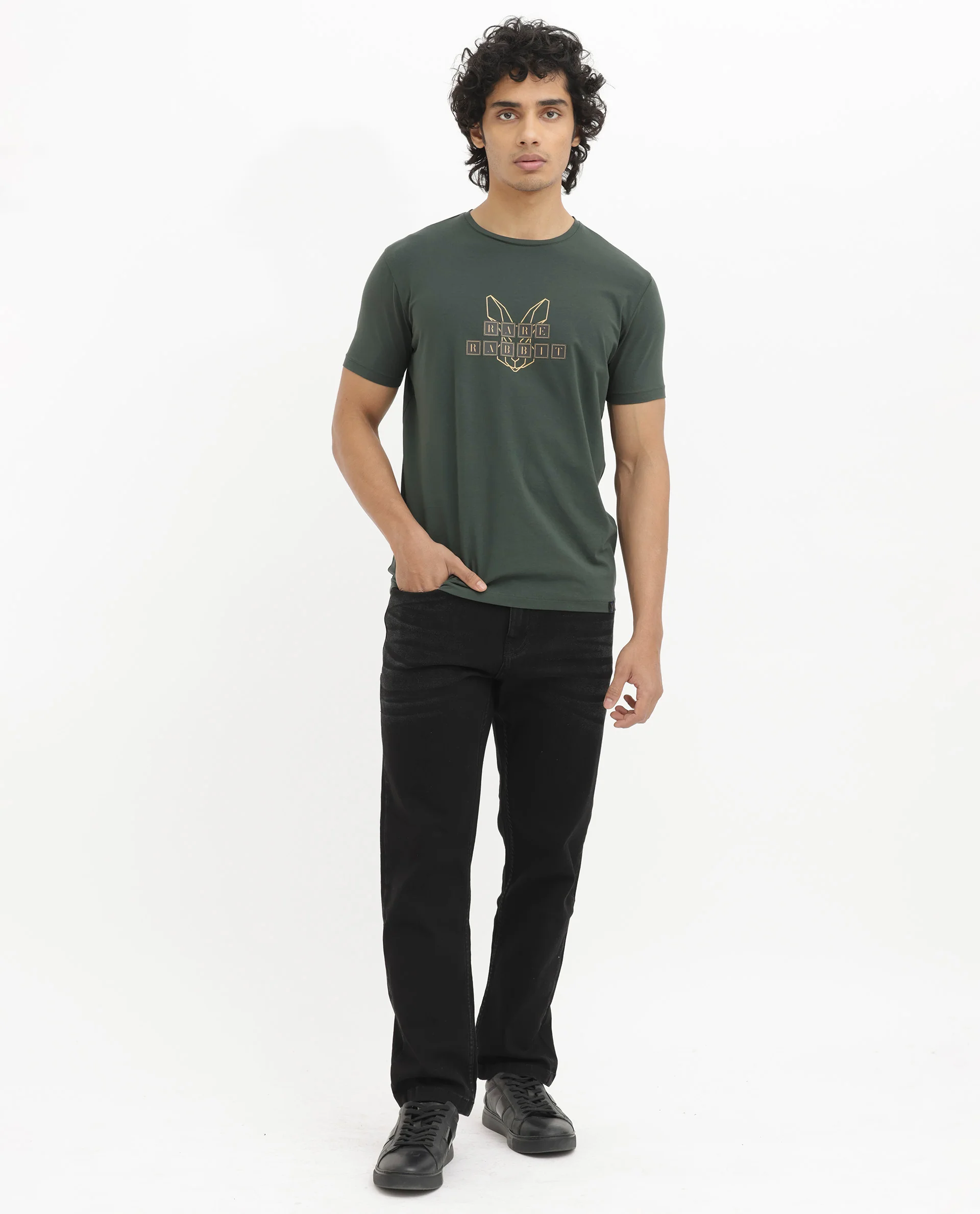 Rare Rabbit Men's Bion-1 Olive Cotton Graphic Print Regular Fit Half Sleeve Crew Neck T-Shirt - Image 2