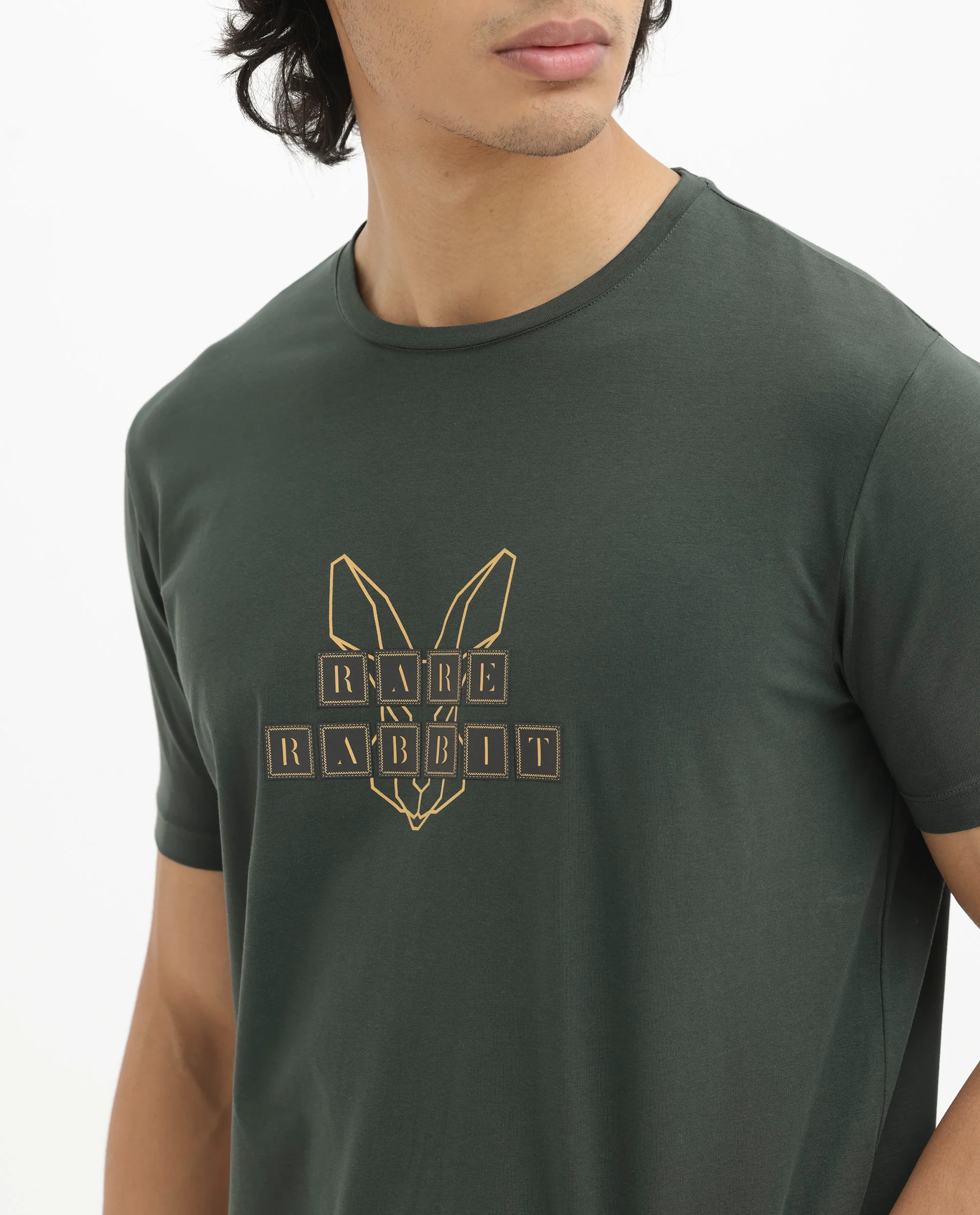 Rare Rabbit Men's Bion Olive Cotton Blend Graphic Print Regular Fit Half Sleeve Crew Neck T-Shirt - Image 11