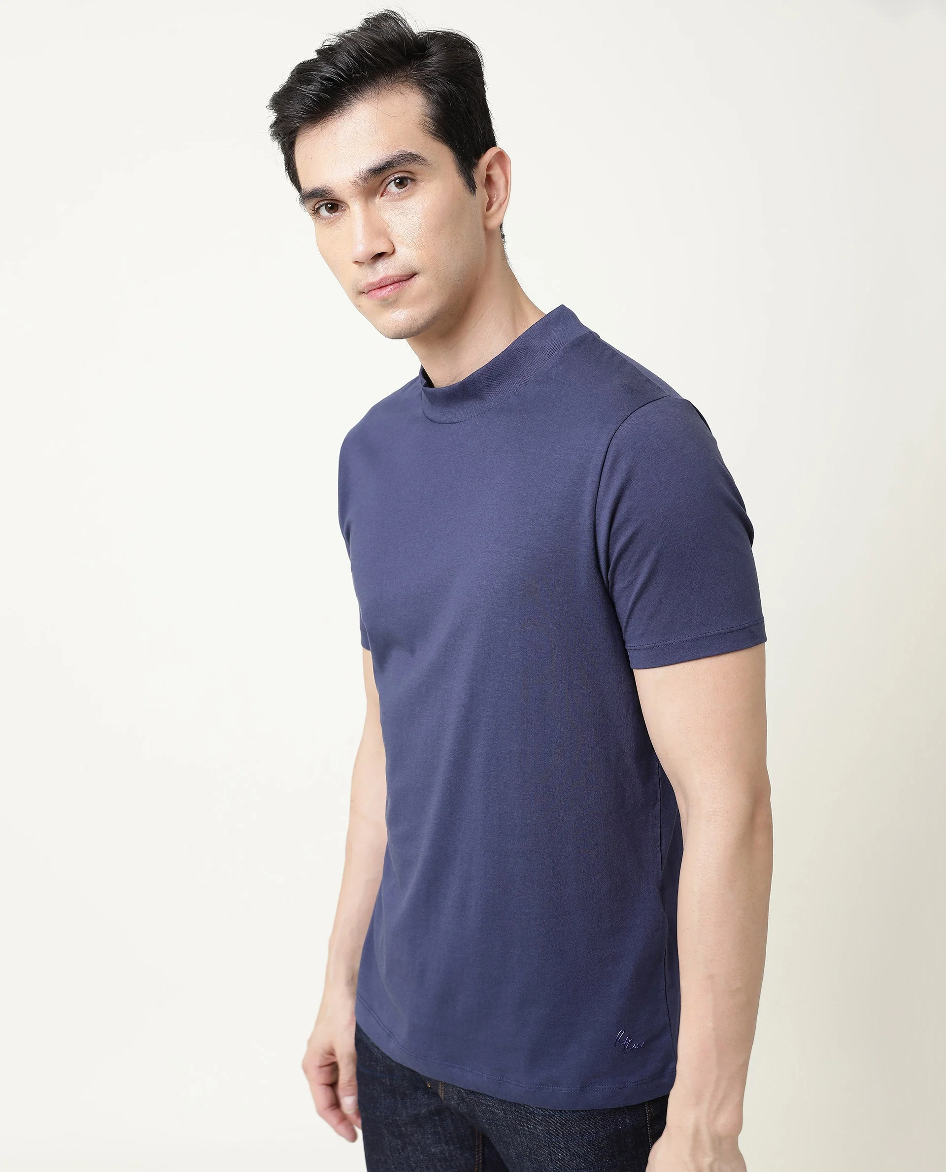 Rare Rabbit Men's Bit Navy Cotton Plain Slim Fit Half Sleeve High Neck T-Shirt