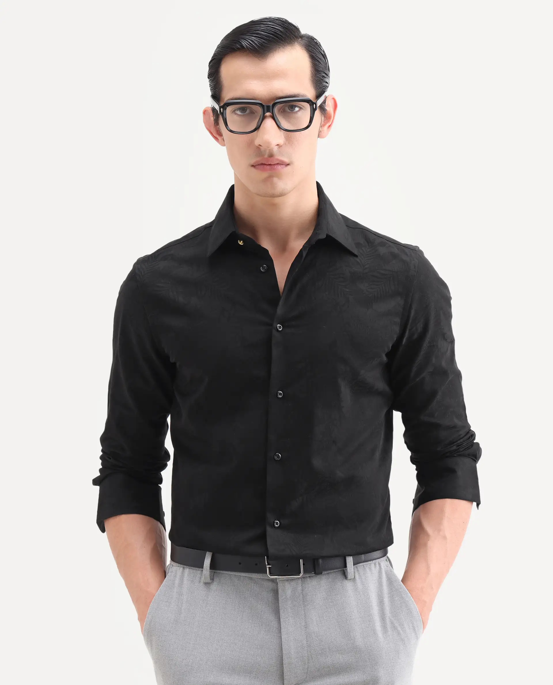 Rare Rabbit Men's Blen Black Cotton Fabric Full Sleeve Spread Collar Button Regular Jacquard Shirt