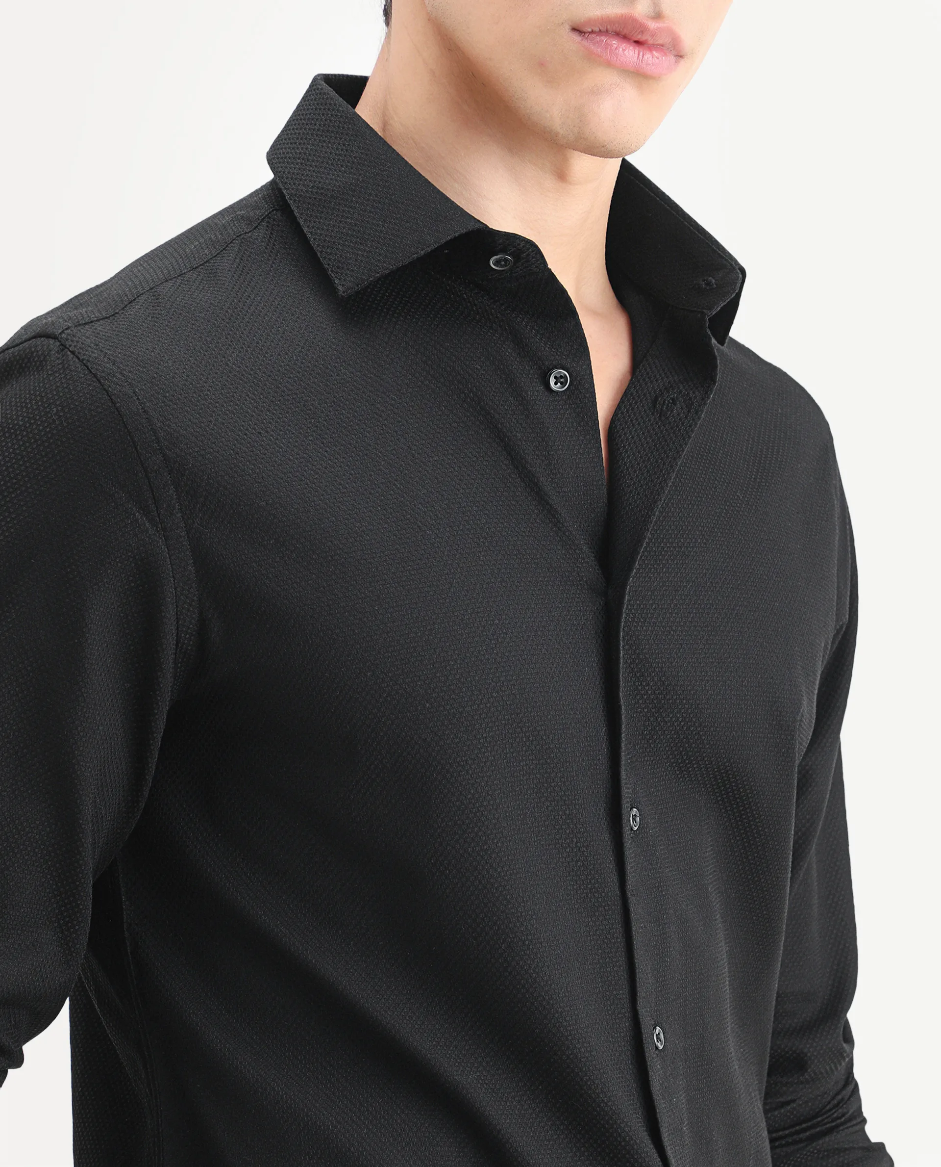 Rare Rabbit Men's Blene Black Cotton Full Sleeve Spread Collar Regular Fit Plain Shirt