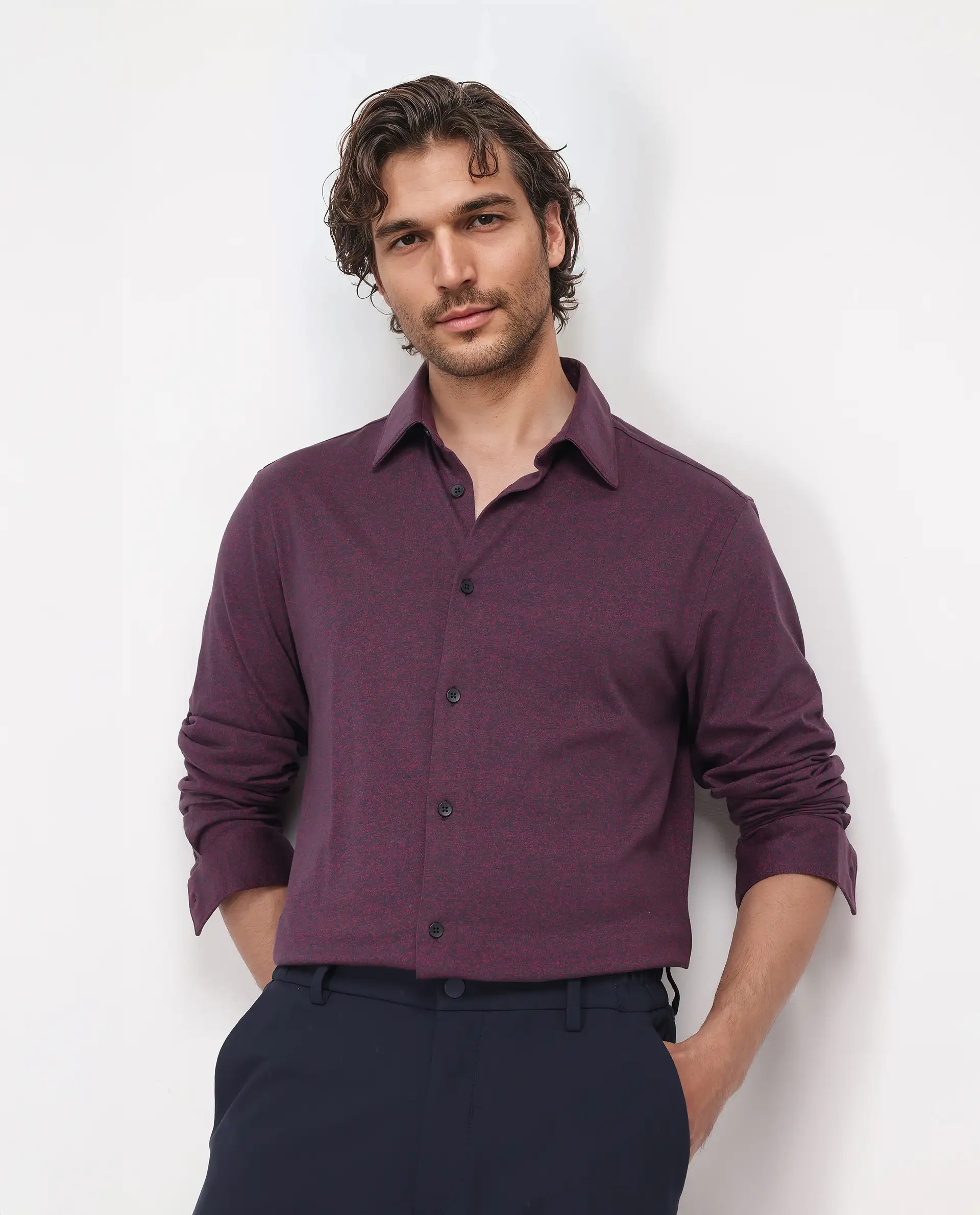 Rare Rabbit Men's Bler Maroon Cotton Blend Plain Regular Fit Full Sleeve Collared Shirt